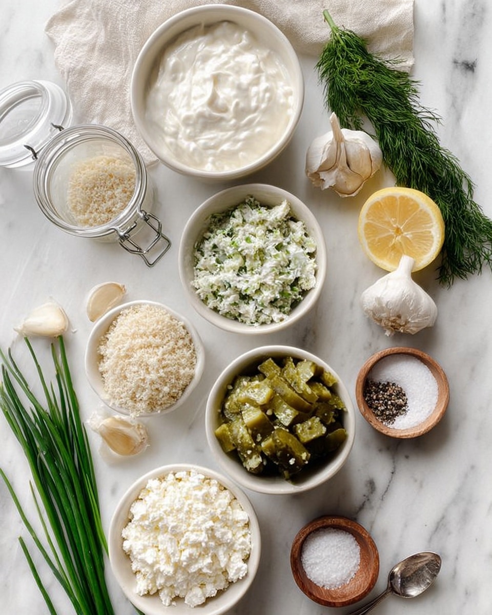 The image shows various small white bowls filled with different ingredients arranged neatly on a white marbled surface. There is a bowl of thick white cream, a bowl with a light green herb mixture, another bowl with breadcrumbs, and a central bowl filled with chopped green pickles. A larger white bowl holds soft white cheese with a rough texture. Around these bowls, fresh green dill, chives, half a lemon, and a whole garlic bulb are placed, along with a small wooden bowl of salt and a white bowl with black pepper and white powder. A jar with a metal clasp and a spoon inside is also visible near the herb mixture. photo taken with an iphone --ar 4:5 --v 7