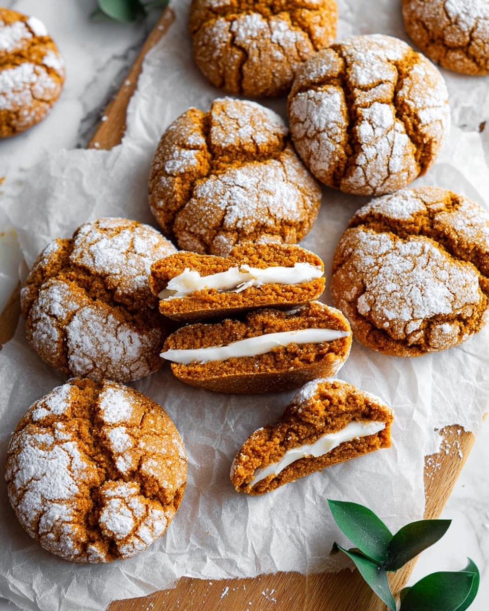 A stack of eight round orange sweets with soft, smooth texture is shown on a dark wooden plate. Each sweet has a white powdered sugar coating with fine cracks revealing the bright orange inside. One sweet is broken in half and placed on top to show its moist, dense core. The plate is set on a white marbled surface with blurred halves of oranges and green leaves in the background. photo taken with an iphone --ar 4:5 --v 7