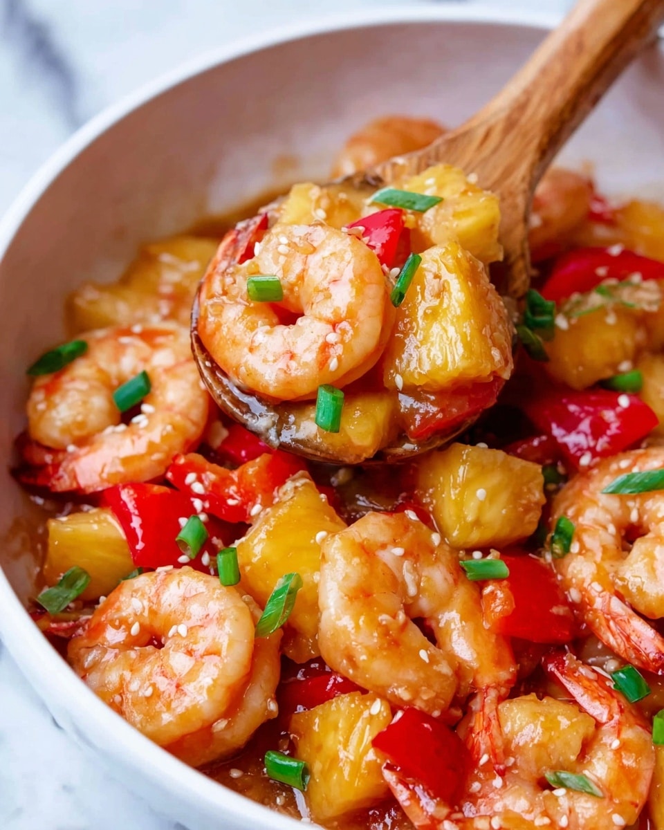 This image shows a close-up of a white bowl filled with a shrimp dish. The bowl holds several pink-orange cooked shrimp with curled tails, mixed with yellow pineapple chunks and bright red bell pepper pieces. The ingredients are coated in a glossy sauce with a light brown color. Small green onion bits and white sesame seeds are sprinkled on top. A wooden spoon is lifting some shrimp and pineapple, covered in sauce. The background is a white marbled surface. Photo taken with an iphone --ar 4:5 --v 7