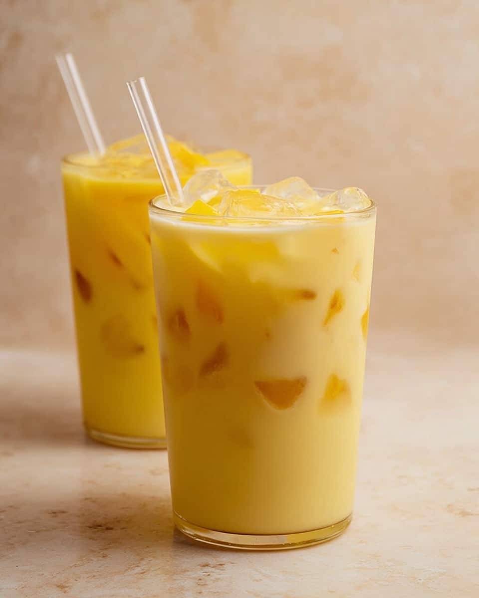 Two tall clear glasses are filled with a bright yellow creamy drink, with ice cubes floating inside. The front glass has a thick layer of frothy yellow liquid with some small orange specks, and more ice cubes on top, a beige straw is placed in it. Behind it, a second glass shows a slightly lighter yellow drink with visible chunks of fruit and ice, and a clear straw. The glasses sit on a white marbled surface, and the soft background is out of focus with warm brownish tones. photo taken with an iphone --ar 4:5 --v 7