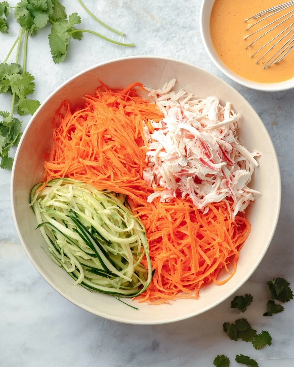 A round white bowl sits on a white marbled surface, divided into three sections of thinly sliced ingredients. One section contains bright orange, thin carrot strips with a slightly textured look. Next to it, there is a pile of finely shredded white and light red pieces resembling crab sticks. The third section holds thin, green cucumber strips with a fresh, crisp texture. Around the bowl, some cilantro leaves are scattered on the white marbled surface, and to the top right, a small white bowl with an orange creamy sauce and a whisk is visible. photo taken with an iphone --ar 4:5 --v 7