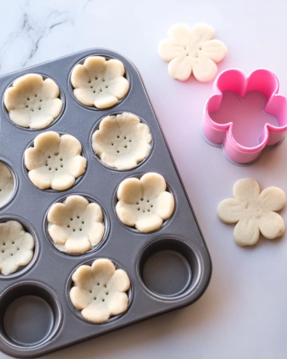 This image shows a gray metal muffin tin on a white marbled surface with six flower-shaped dough shells placed inside some of the cups. The dough shells look light beige and soft with small holes poked into their centers and petals forming the edges. A single flower-shaped piece of dough rests flat on the surface next to a pink flower-shaped cookie cutter, both also on the white marbled surface. The scene is well-lit with a soft, natural light. photo taken with an iphone --ar 4:5 --v 7