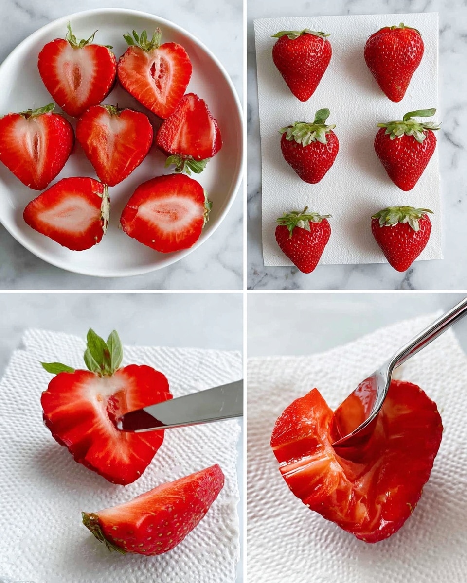 The image shows four close-up steps of preparing strawberries. The first part has a white plate filled with halved strawberries with bright red, juicy insides and fresh green leaves arranged on a white marbled surface. The second part displays whole strawberries with green tops lying evenly spaced on a white paper towel over a white marbled surface. The third part focuses on a single strawberry half being sliced with a knife, showing the vibrant red inside and green leaves on top. The fourth part shows a silver spoon hollowing out the inside of the strawberry half, with pieces of strawberry flesh visible, all placed on a white marbled surface. Photo taken with an iphone --ar 4:5 --v 7