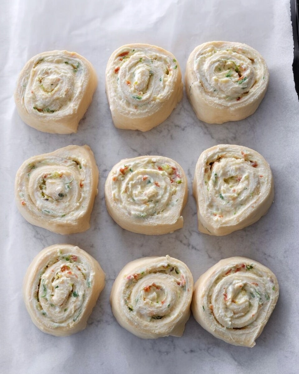 The image shows nine uncooked spiral rolls placed on white parchment paper over a white marbled surface. Each roll has a light dough exterior with a creamy white filling inside, swirled evenly to create thin layers throughout. The filling appears smooth with small bits of herbs and possibly spices scattered in it, giving hints of green and tiny red specks. The rolls are arranged in three rows of three, all with a neat, even shape and size, clearly showing the spiral pattern in each. photo taken with an iphone --ar 4:5 --v 7