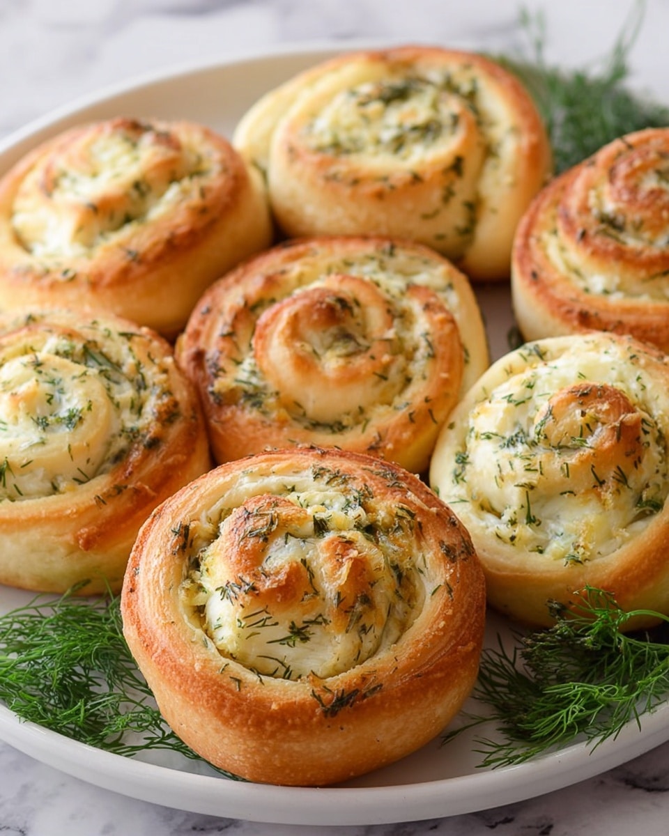 The image shows seven golden-brown spiral rolls arranged on a white plate with a few green herb sprigs in the background. Each roll has a light, creamy layer swirled inside, speckled with finely chopped green herbs, likely dill, spreading softly on top and within the spiral layers. The rolls have a slightly toasted surface giving a warm contrast to the pale filling, and the texture looks soft and fluffy. The plate sits on a white marbled surface, adding a clean and fresh background to the food. photo taken with an iphone --ar 4:5 --v 7