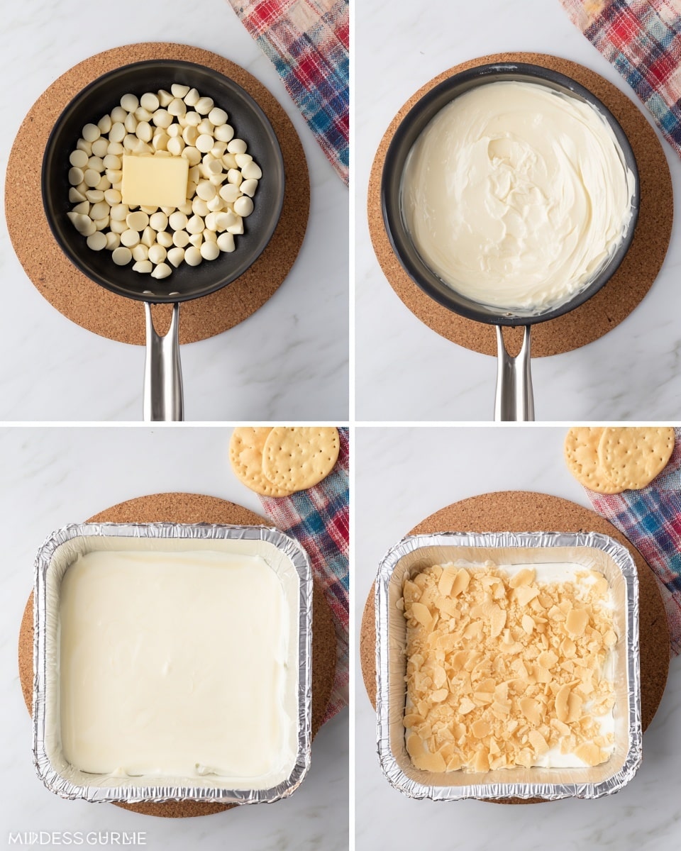 The image shows four steps to make a dessert. In the first step, a small black pan with a silver handle is resting on a round cork mat on a white marbled surface. Inside the pan, there are many small white chocolate chips with a piece of butter. The second step shows the same pan with melted and creamy white chocolate at the bottom and a white, fluffy layer added on top in the center. The third step shows a square foil-lined pan filled with a smooth and creamy white layer, sitting on the white marbled surface. Around the pan, there are round vanilla wafers and a colorful plaid cloth under the pan’s corner. The fourth step shows the same square foil-lined pan with a topping of crumbled vanilla wafers scattered over the creamy layer. More vanilla wafers and the same cloth remain in the background. Photo taken with an iphone --ar 4:5 --v 7