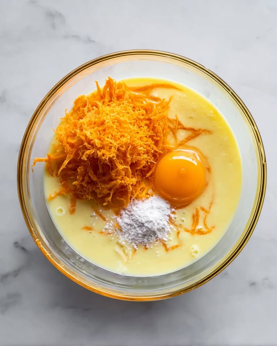 A clear glass bowl placed on a white marbled surface is shown from above, containing a mixture of ingredients. The bowl holds a thick, pale yellow liquid layer as the base. On top of this, there is a mound of bright orange shredded pieces positioned just left of center. To the right of the shredded pieces, a whole raw egg yolk with a rich golden-orange color sits surrounded by the yellow liquid. Below the egg yolk is a small pile of white powdery substance. The clear bowl has a thin yellow line near its rim. Photo taken with an iphone --ar 4:5 --v 7