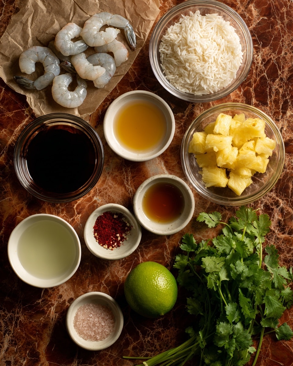 The image shows ingredients arranged on a brown wooden surface with a white marbled texture. In the top left, there is peeled shrimp resting on crumpled brown paper. Near the top right, a clear measuring cup holds white rice, below it another clear measuring cup contains yellow pineapple chunks. There are small white bowls with different liquids: pale yellow pineapple juice, amber honey, and dark soy sauce. Another white bowl with light green lime juice is placed near a whole bright green lime. Below, a small white bowl holds pink salt and red chili powder. Fresh green cilantro leaves lie at the bottom right. Each item is clearly separated and labeled. Photo taken with an iphone --ar 4:5 --v 7