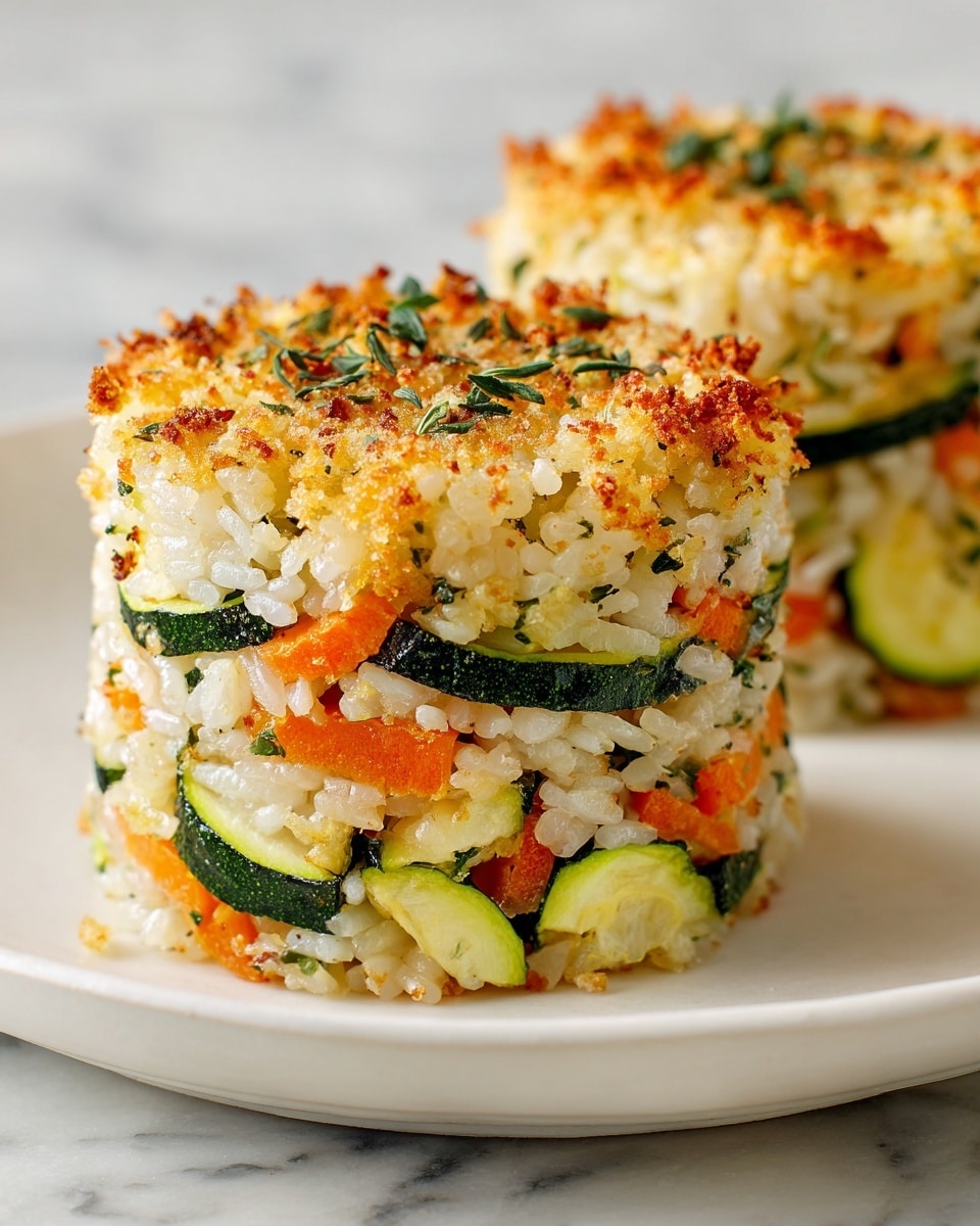 This image shows two stacked rice cakes shaped like small towers on a white plate placed on a white marbled surface. Each rice cake has mixed layers of white rice, green zucchini slices, and small orange carrot pieces. The top layer is golden brown and crispy with a breadcrumb texture, sprinkled with small green herb leaves. The layers of rice and vegetables are tightly packed and clearly visible through the sides of the cakes, giving a colorful and textured look. The background is slightly blurred, focusing attention on the rice cakes. Photo taken with an iphone --ar 4:5 --v 7