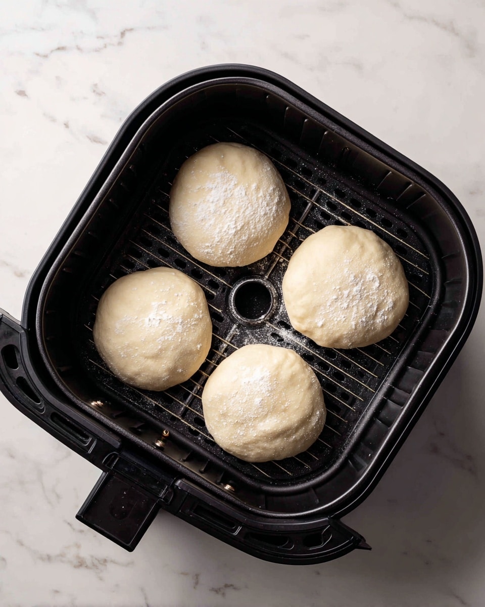The image shows four round, light beige dough discs placed inside a black air fryer basket. Each disc is smooth with a slightly puffy texture, and one disc has a light dusting of flour on its surface. The air fryer basket has a grid-like bottom with a small round hole in the center, and the basket itself is set against a white marbled surface. The image is taken from above, highlighting the evenly spaced discs within the basket photo taken with an iphone --ar 4:5 --v 7