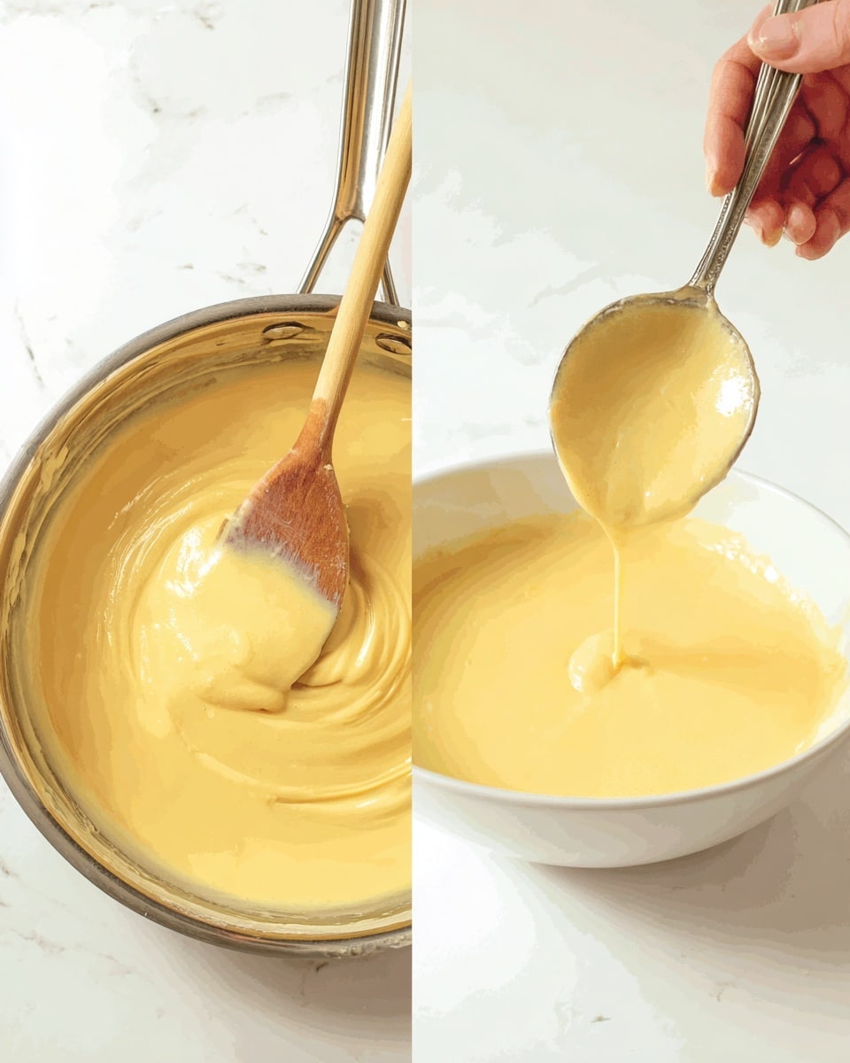 The image shows two side-by-side views of a creamy yellow batter with a smooth, thick texture. On the left, a silver pan contains the batter being stirred by a wooden spoon held by a woman's hand, the batter coating the spoon and flowing back into the pan. On the right, a white bowl holds the same batter, and a woman's hand lifts a metal spoon filled with the batter above the bowl. The background is a white marbled texture. photo taken with an iphone --ar 4:5 --v 7
