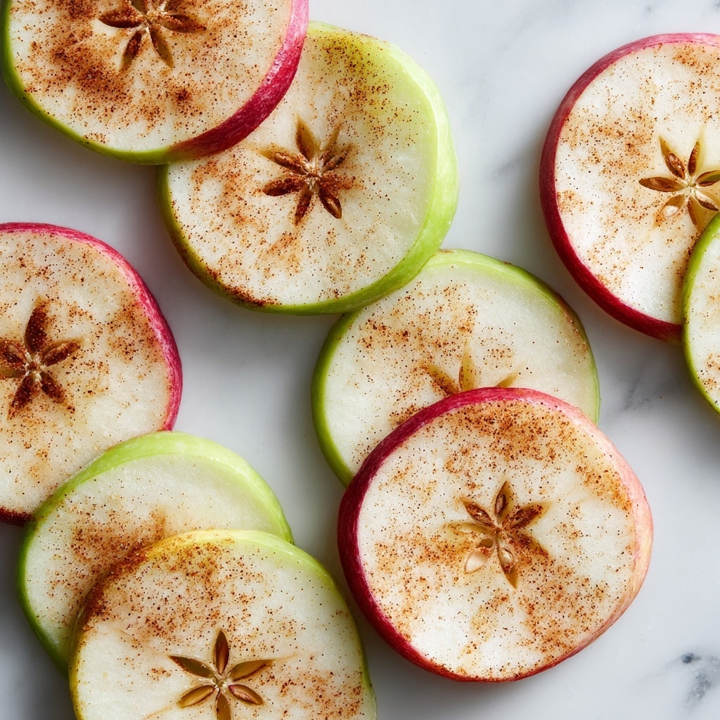 The image shows several thin, round slices of apples laid flat on a white marbled surface. Each apple slice has a visible core star in the center, with red and green edges showing the different apple types. The apple slices are lightly sprinkled with a brown powder, likely cinnamon, adding a soft texture and contrast to the smooth, pale flesh of the apples. The arrangement is casual, with some slices partially overlapping while others are spaced out. photo taken with an iphone --ar 4:5 --v 7