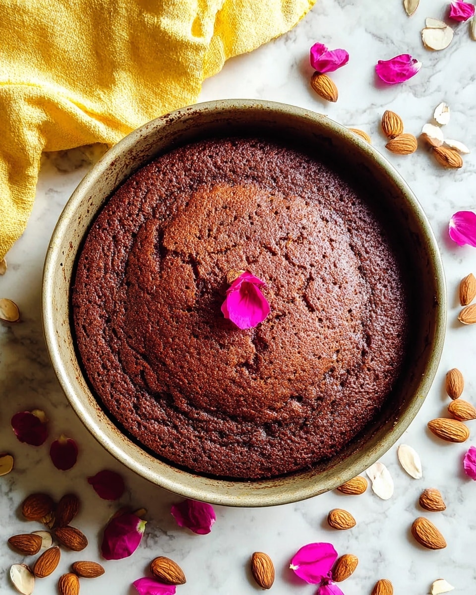 A single round chocolate cake with a slightly cracked top and a rich brown color sits in a baking pan on a white marbled surface. The cake looks moist with a soft texture on top, and a small pink flower petal is placed at the center as decoration. Around the cake on the surface are scattered almond slices and dry pink flower petals, with a yellow cloth folded on the upper left side of the image. Photo taken with an iphone --ar 4:5 --v 7