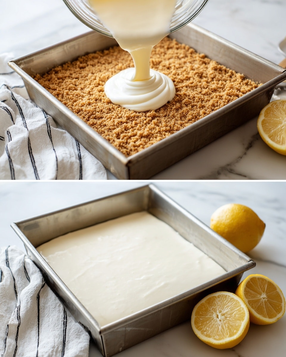 A two-image set shows the process of making a dessert base. The first image shows a close-up of white cream batter being poured from a glass bowl onto a golden brown crumb crust in a baking pan. The second image shows the baking pan filled evenly with the smooth white cream layer. The baking pan is silver and square, placed on a white marbled surface. Next to the pan are two lemon halves and a white cloth with black lines. photo taken with an iphone --ar 4:5 --v 7