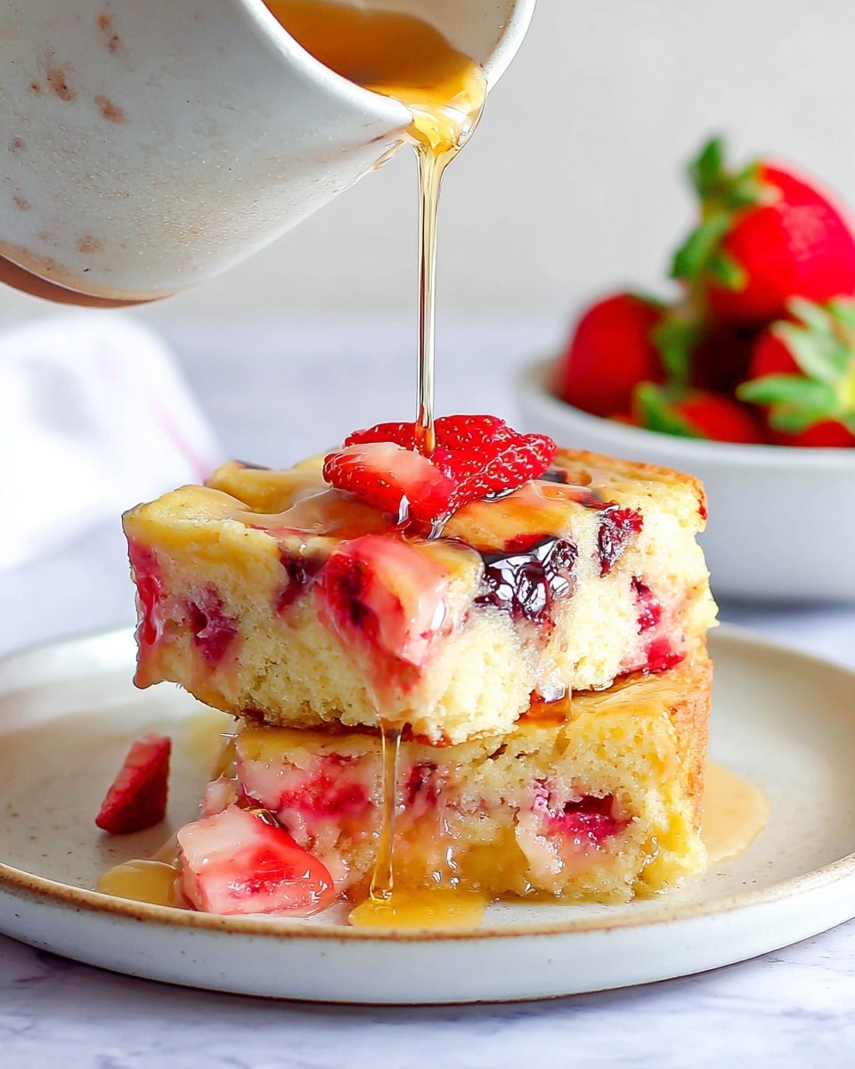 The image shows two thick, soft cake squares stacked on a white plate, each square studded with colorful berries like red raspberries and dark blueberries inside. The top square is covered with a shiny golden syrup that drips down the sides and pools around the base on the white plate. The cake looks moist and fluffy, with a light golden brown crust and creamy, pale yellow inside. In the blurred background, there is a white bowl filled with fresh red strawberries and a glass of orange liquid, all set on a white marbled surface. Photo taken with an iphone --ar 4:5 --v 7