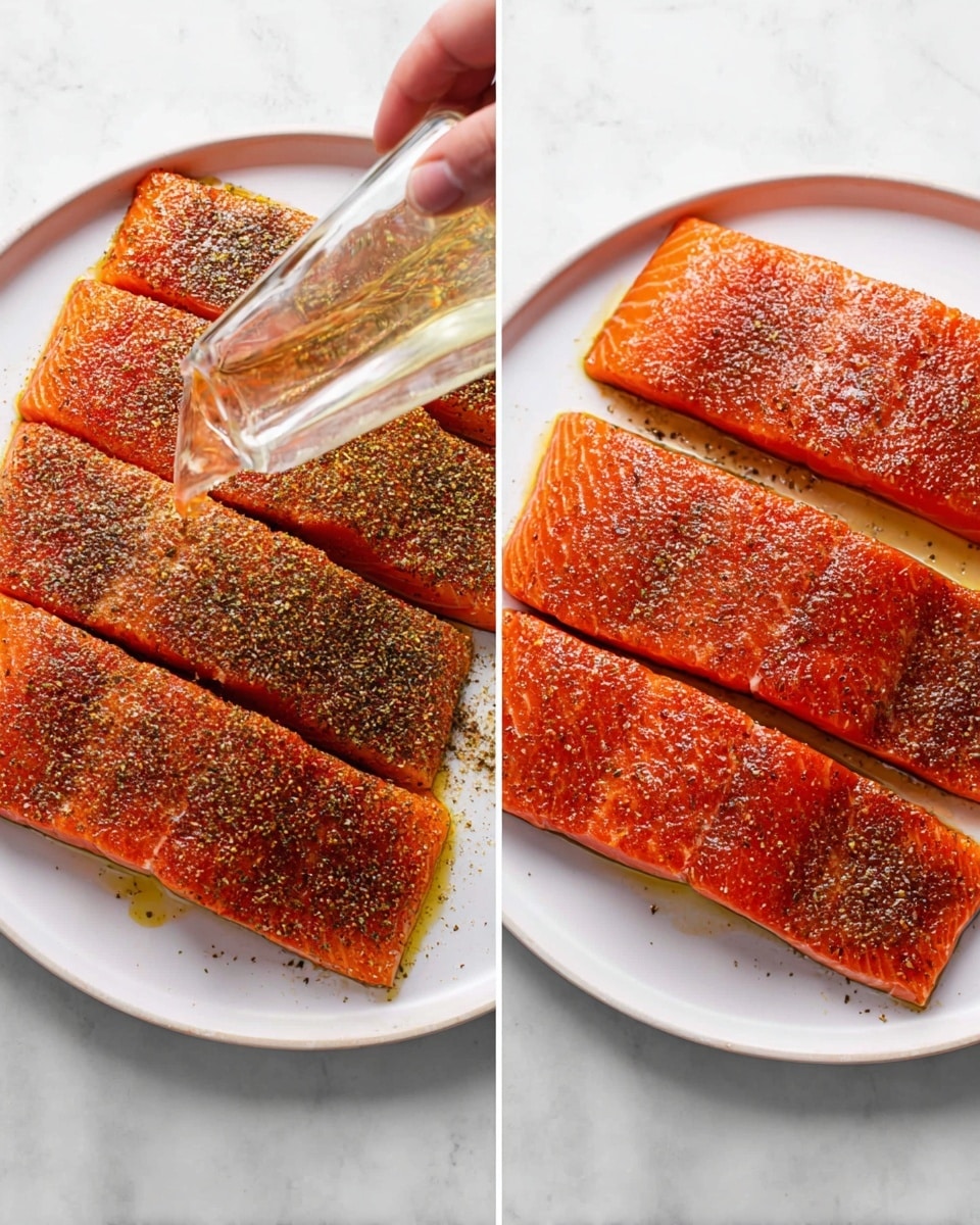The image shows two views of six salmon fillets placed side by side on a round white plate. Each fillet has a bright orange color with a textured, slightly shiny surface. The fillets are evenly spaced, covering the entire plate. The left view has a woman's hand pouring a clear liquid, likely oil, over the fillets, which are coated with a dry herb and spice mix in green, brown, and black specks evenly spread across the top. The right view shows the fillets after the liquid has been applied, making the spices appear glossy and darker with a more vibrant red-orange hue on the salmon. The plate is set on a white marbled surface. photo taken with an iphone --ar 4:5 --v 7