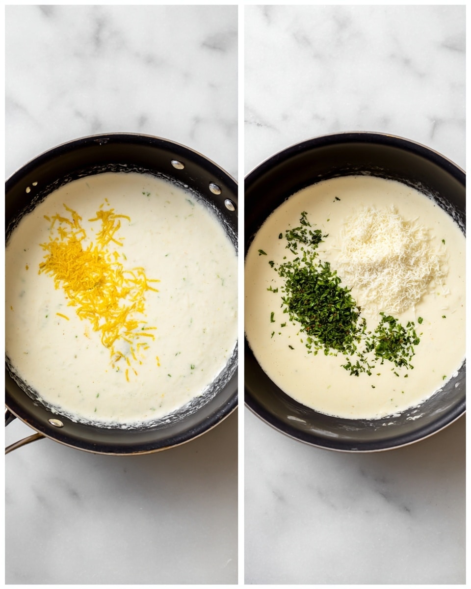 A black pan is shown from above, filled with two layers of food. The bottom layer is a thick white cheese sauce with green herb specks, creamy in texture and covering the entire pan base. On top, there is an even layer of yellow tube-shaped pasta placed in the center, not fully mixed into the sauce yet. A dark wooden spoon rests in the pan on the right side, partially covered with the creamy sauce. The background shows a white marbled surface, and there is a circular wooden board in the back left corner with some shredded white cheese on it. photo taken with an iphone --ar 4:5 --v 7