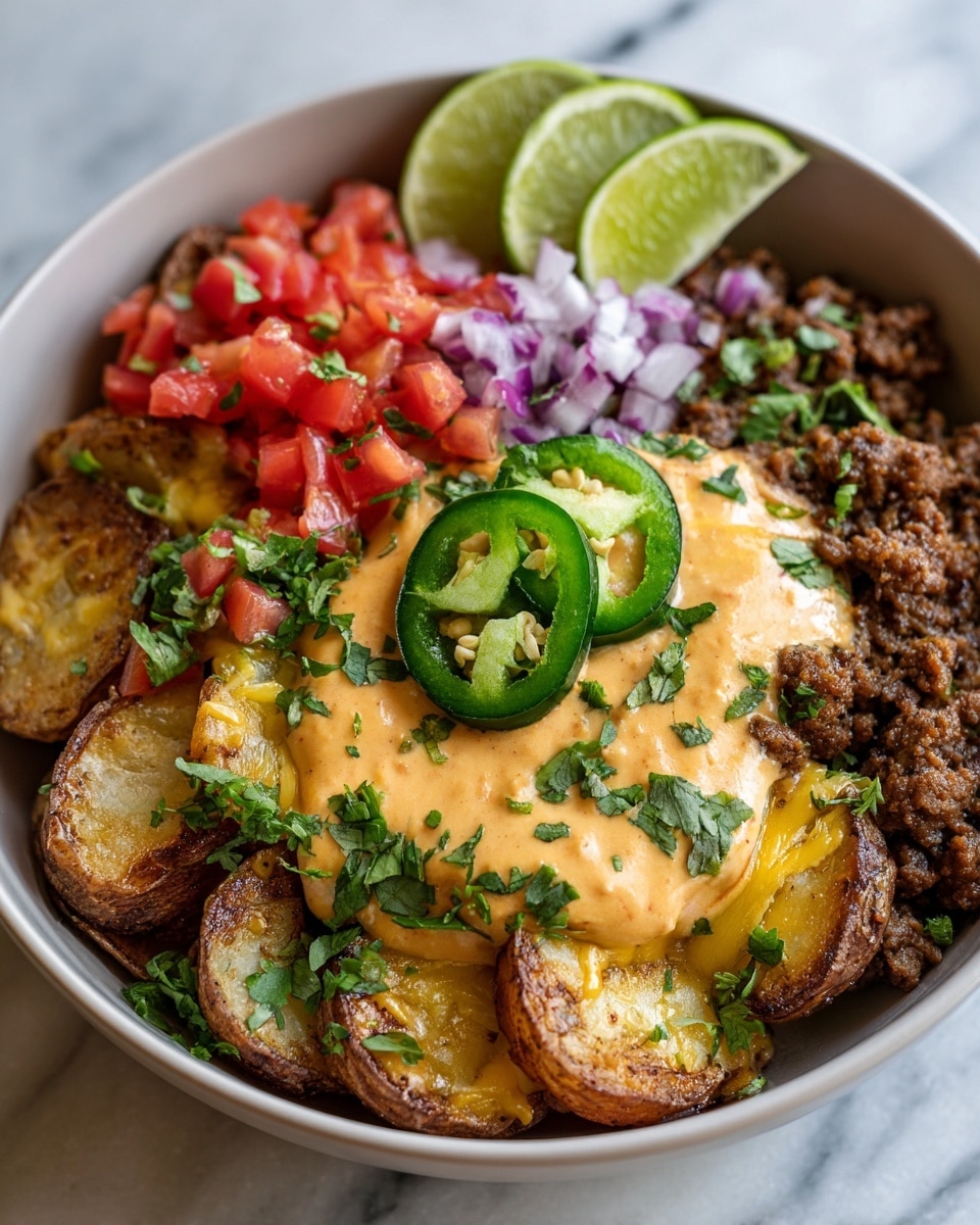 A white bowl filled with layers that start with crispy golden-brown roasted potato slices at the bottom, topped with a layer of browned ground meat. Above the meat, there is melted yellow cheese covered by a creamy sauce with a light orange color. On one side, there is a fresh mix of red diced tomatoes and small pieces of purple onion, sprinkled with green chopped cilantro. A sliced green chili sits on top in the center, with two lime wedges placed near the edge of the bowl. The bowl is on a white marbled surface. Photo taken with an iphone --ar 4:5 --v 7