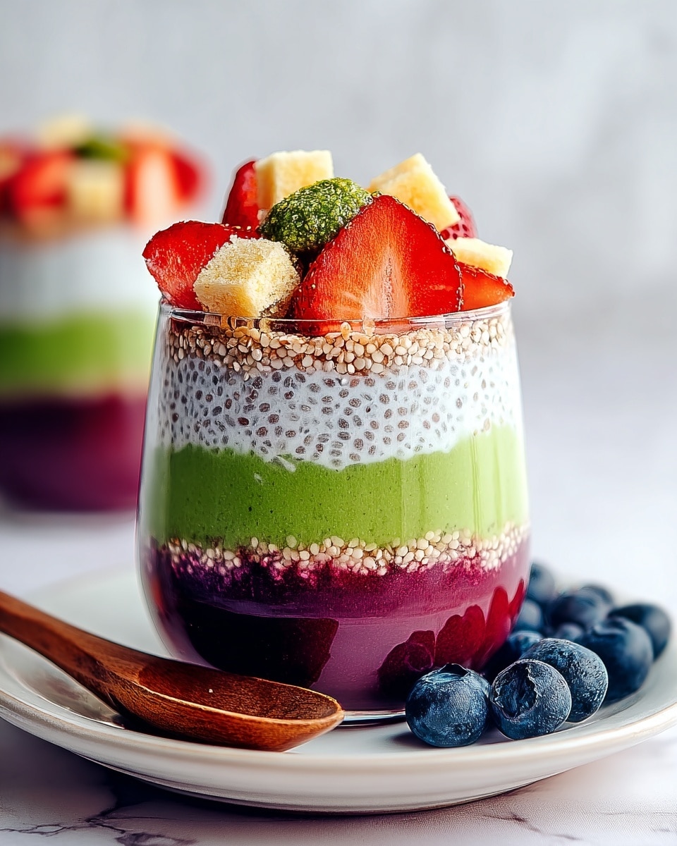 A clear glass filled with seven visible layers sits on a white plate with fresh blueberries and a wooden spoon beside it. The bottom layer is deep purple with a smooth texture, followed by a bright berry red layer above it. Next is a speckled light gray layer with small chia seeds, then a bright green layer with a smooth texture. Above the green is a white creamy layer topped by small light brown crunchy pieces mixed with chia seeds. The top is decorated with fresh red strawberry halves, golden cubes, and a small dollop of green puree. The scene is set on a white marbled surface, creating a clean and fresh look. Photo taken with an iphone --ar 4:5 --v 7