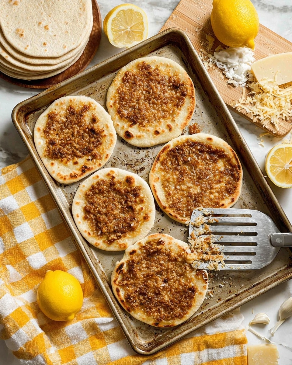 A baking tray with five round flatbreads topped with a browned, crumbly meat spread. The flatbreads have a light golden crust with patches of crispy browned areas on top. To the top left of the tray, there is a small stack of plain round flatbreads with a lemon slice resting on them. A metal spatula is lifting one of the meat-topped flatbreads on the right side of the tray. Around the tray, there is a white marbled surface with a yellow checkered cloth and a wooden board with cheese and lemon pieces, along with some garlic and cheese shavings scattered below. photo taken with an iphone --ar 4:5 --v 7