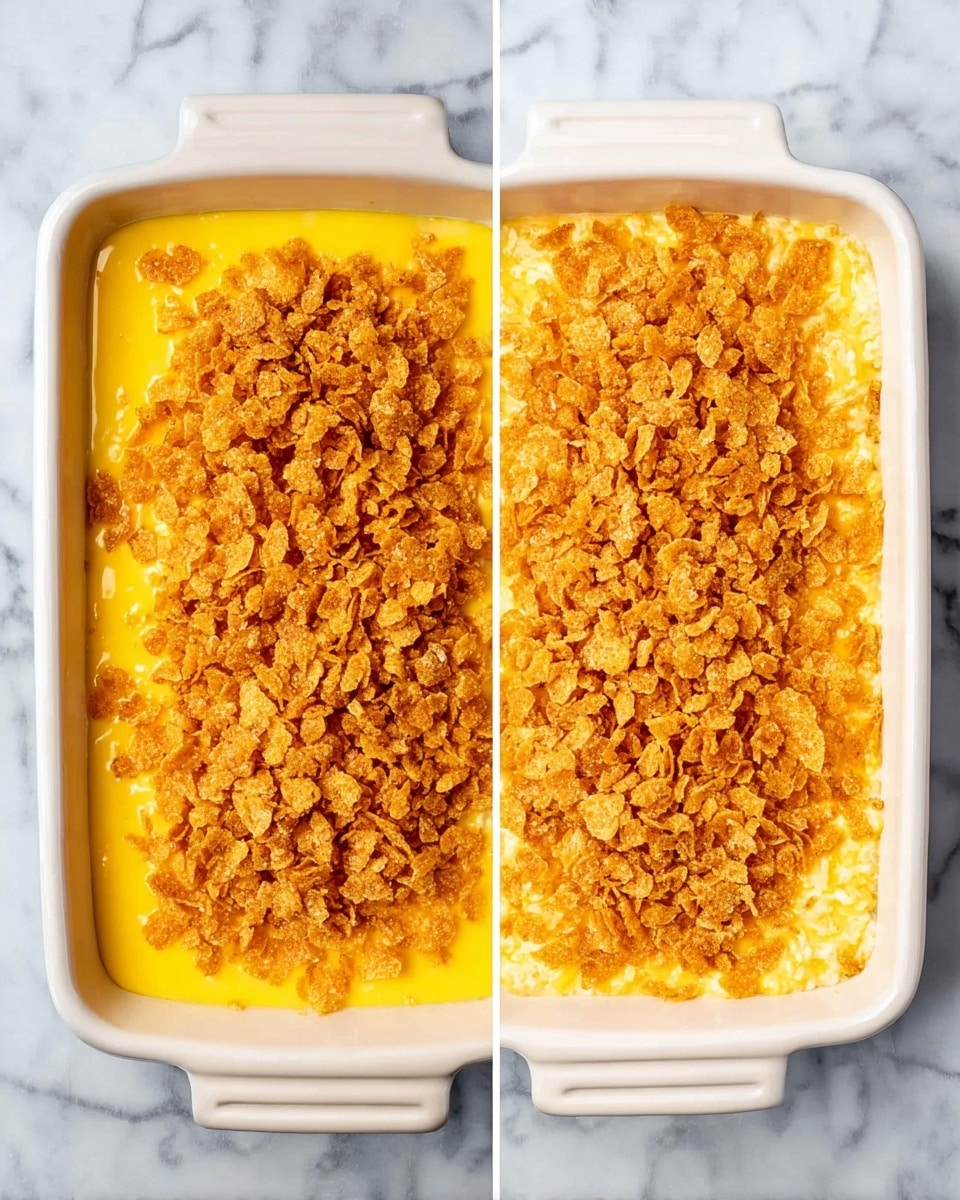 The image shows a rectangular ceramic baking dish filled with a three-layered casserole placed on a white marbled textured surface. The bottom layer is white and creamy, visible at the edges, likely rice or a similar base. The middle layer is a smooth, bright yellow cheese sauce that spreads evenly over the white base. The top layer is a textured, golden-brown crunchy topping made of crushed chips scattered thickly, fully covering the cheese layer. The dish is neat and evenly filled, with the golden topping contrasting against the creamy layers underneath. Photo taken with an iphone --ar 4:5 --v 7