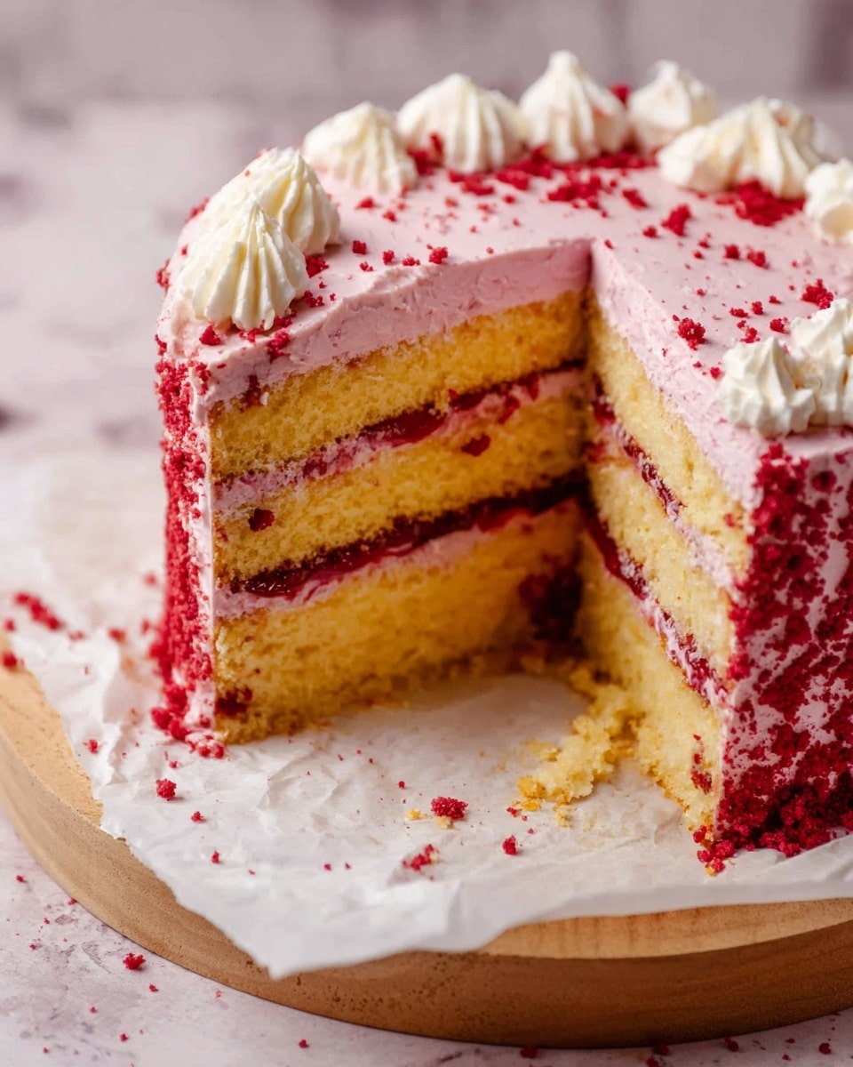 A round cake with a smooth light pink frosting layer covers the entire cake. On top, there are small dollops of the same light pink frosting placed evenly around the edge, each topped with fresh red raspberries and small yellow lemon wedges. The center and sides of the cake are sprinkled with crushed bright red crumbs, adding texture and contrast. The cake sits on a white plate on a white marbled surface. photo taken with an iphone --ar 4:5 --v 7