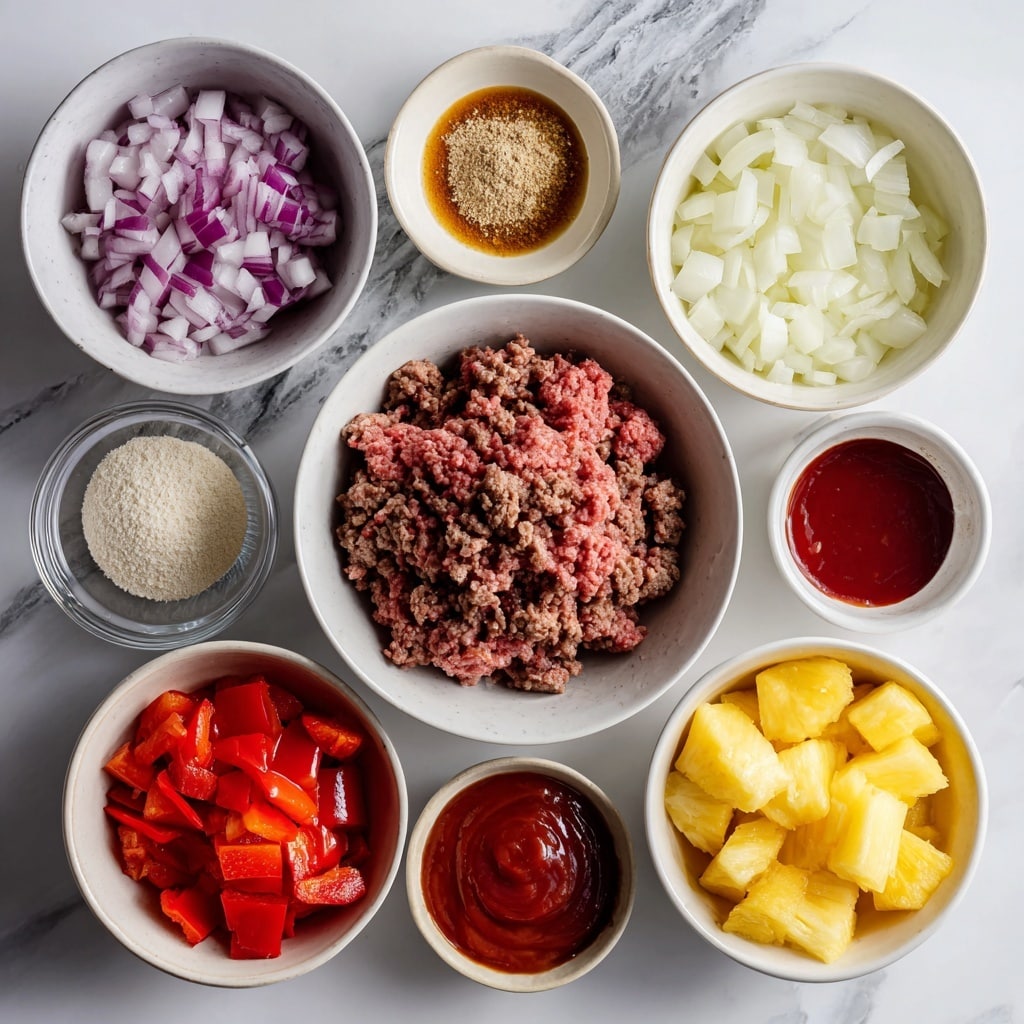 A white bowl filled with about twelve shiny brown meatballs, mixed with bright orange, red, and purple vegetables and golden yellow pineapple chunks. The meatballs look softly textured, and the vegetables have smooth, slightly translucent skins. Small green herb pieces are sprinkled on top, along with a few white sesame seeds. The bowl sits on a white marbled surface with a silver fork and green leaves blurred in the background. photo taken with an iphone --ar 4:5 --v 7