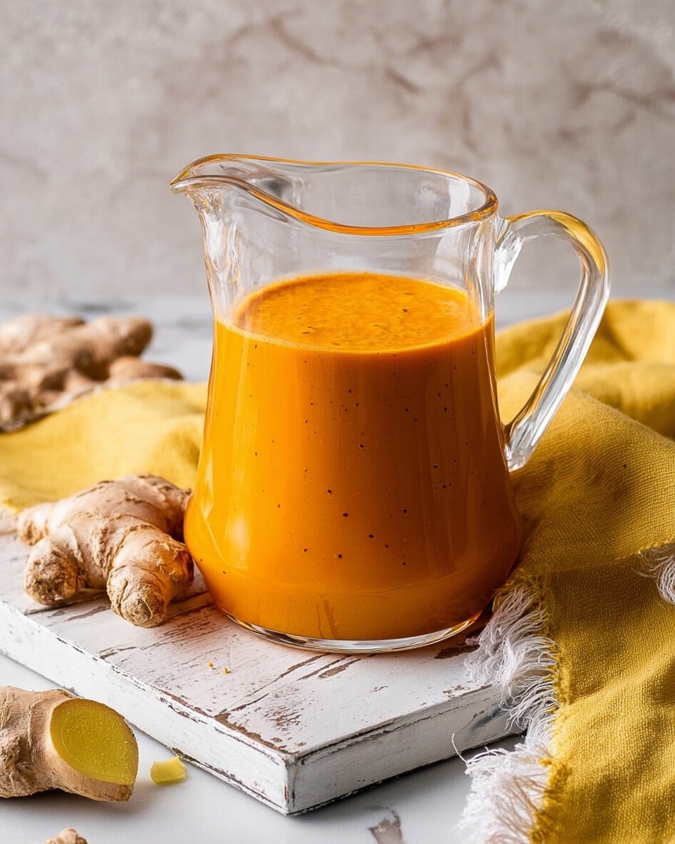 A clear glass pitcher filled with a thick bright orange sauce that has a smooth texture and some tiny black specks inside. The pitcher sits on a worn white wooden board, with pieces of fresh ginger root and a ginger slice placed around it. A yellow cloth with white fringes is draped nearby on a white marbled surface. The background is neutral and soft. photo taken with an iphone --ar 4:5 --v 7