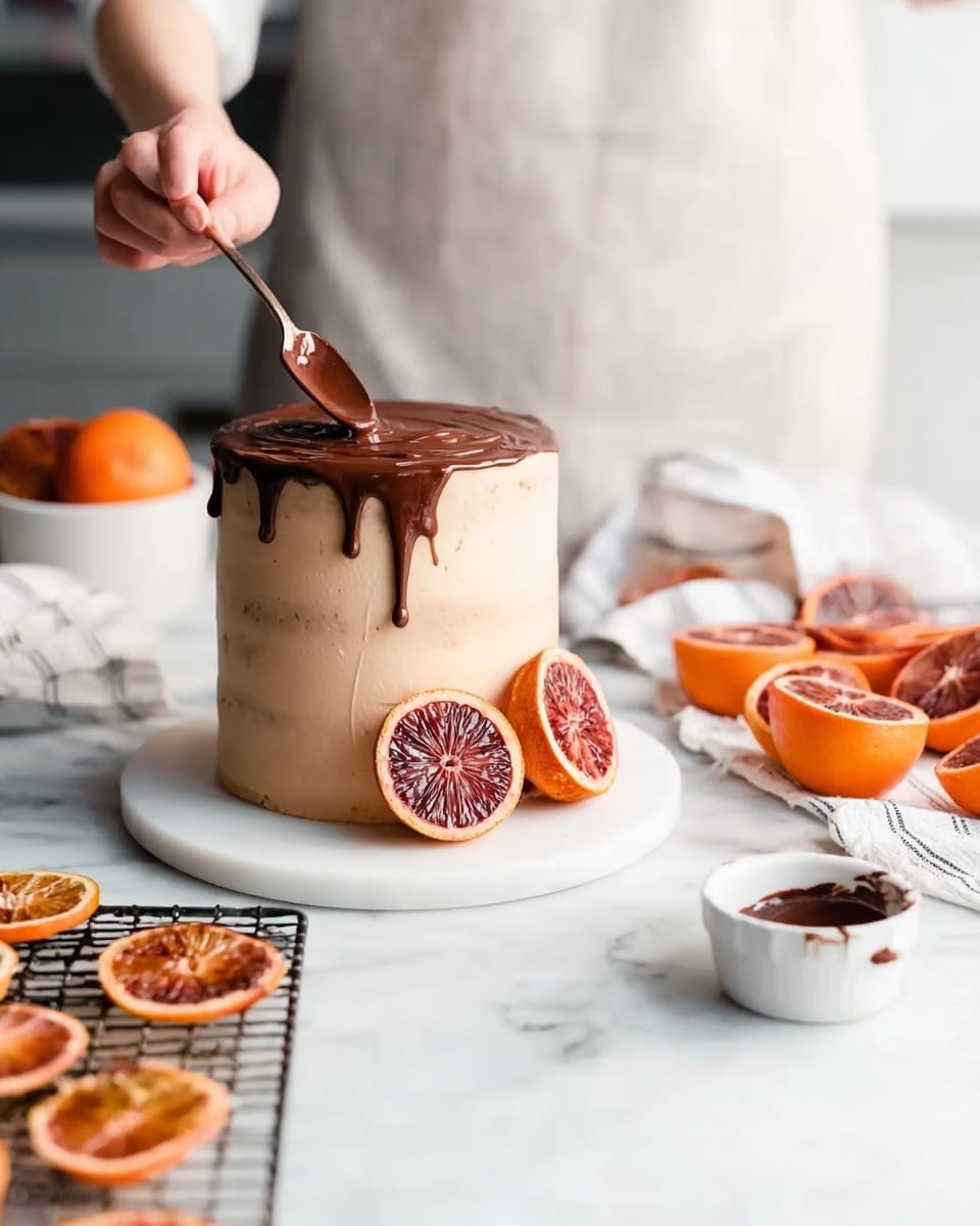 A small, tall cake with three visible layers, covered smoothly with light beige frosting, stands on a white marble surface. On top of the cake, thick dark chocolate sauce is being spread by a woman's hand holding a spoon, and the sauce is dripping down one side. Around the cake, there are halved red blood oranges and a white bowl with more chocolate sauce. In the foreground, a cooling rack holds thin caramelized orange slices, adding texture and color contrast. The background is softly blurred with a white and gray striped cloth near the oranges, all on a white marbled surface photo taken with an iphone --ar 4:5 --v 7