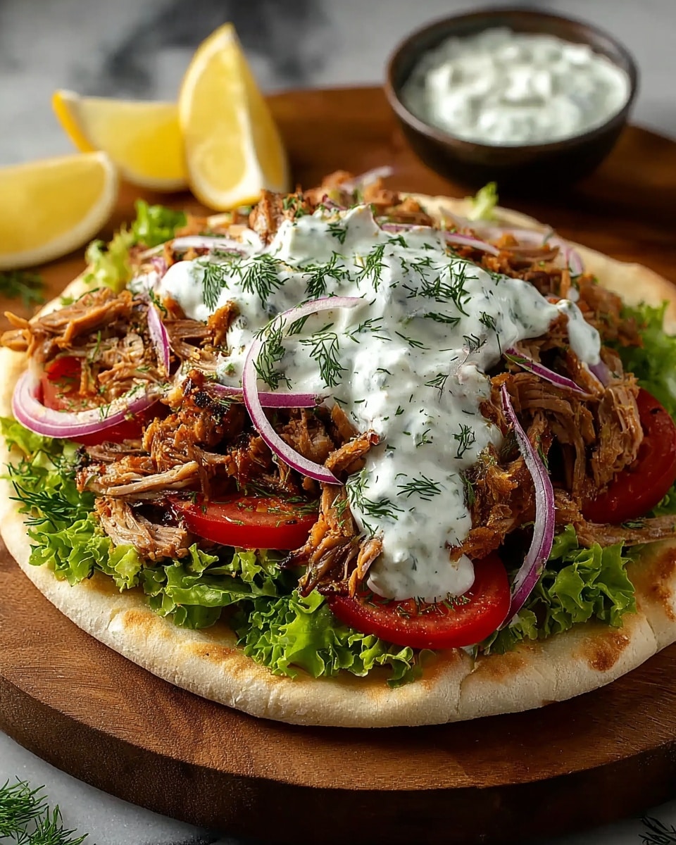 A soft, lightly toasted flatbread forms the base, topped with bright green curly lettuce leaves. On top are thick slices of red tomatoes followed by a generous layer of shredded, golden-brown cooked meat with crispy edges. Thin rings of purple onion spread across the meat, and a large dollop of creamy white sauce with green herb flecks covers the center. Fresh dill sprigs are sprinkled on the sauce. In the background, two yellow lemon wedges and a small white bowl of the same sauce sit on a white marbled surface. Photo taken with an iphone --ar 4:5 --v 7