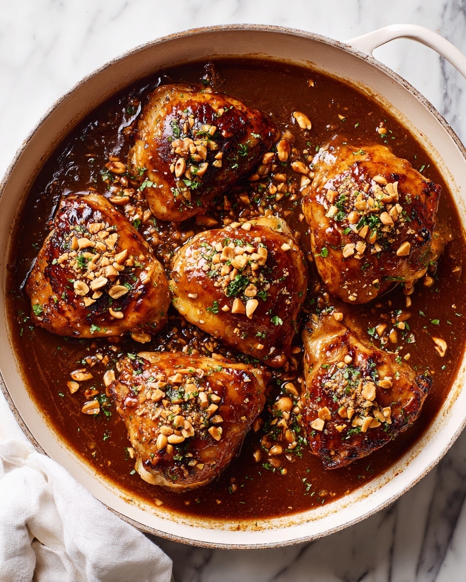 The image shows a round white ceramic pan filled with six pieces of cooked chicken covered in a thick, glossy brown sauce. The sauce is rich and smooth, surrounding each piece and pooling slightly at the bottom. The chicken pieces have a golden-brown color with some darker browned edges. Chopped peanuts and small green herbs are sprinkled evenly on top of the chicken, adding texture and a touch of color. The pan is placed on a white marbled surface, with a white cloth partially shown on the left side. Photo taken with an iphone --ar 4:5 --v 7