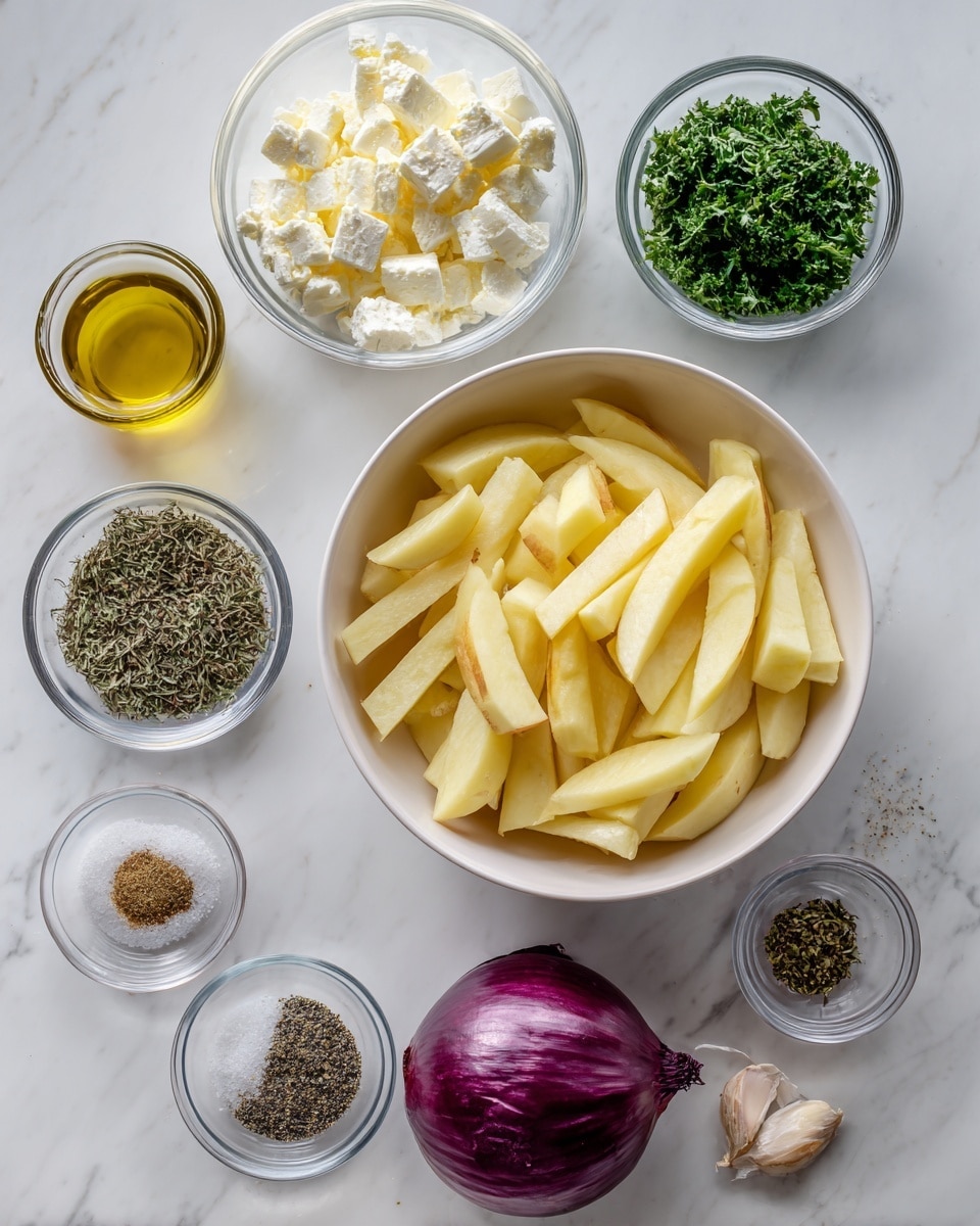 The image shows a white bowl in the center filled with peeled potato wedges that are light yellow and thick. Around this bowl are small clear glass bowls and containers placed on a white marbled surface. One bowl contains crumbly white feta cheese, another has chopped green parsley with a leafy texture, and a third bowl holds a whole small red onion with smooth, deep reddish-purple skin. Small dishes contain dried herbs and spices including oregano, dried dill, garlic powder, salt, and ground pepper, all in powdered or small leaf forms with colors ranging from light beige to dark green and black. There is also a small glass container with golden olive oil. Each ingredient is neatly arranged and labeled with text above or next to the bowls and containers. Photo taken with an iphone --ar 4:5 --v 7