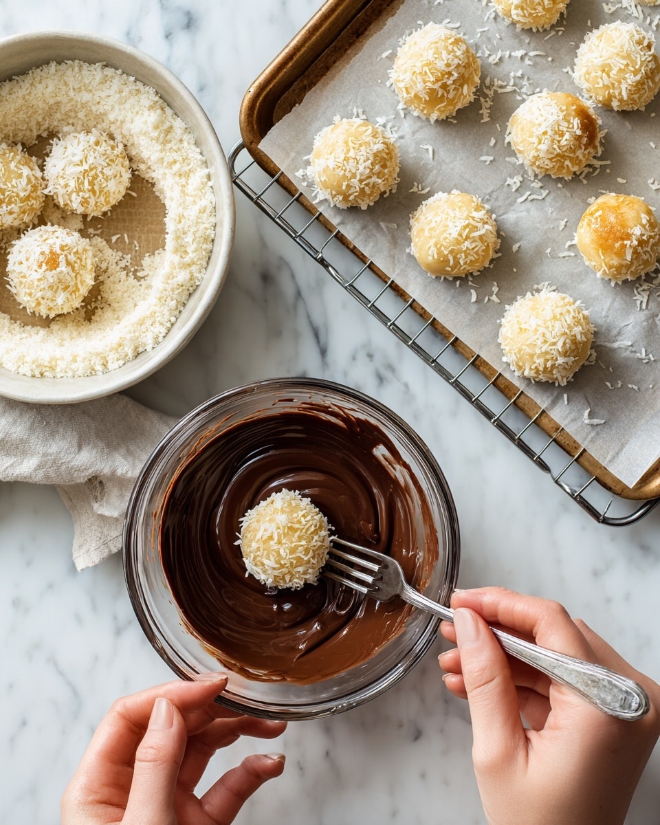 A clear food processor bowl filled about halfway with white shredded coconut mixed with light brown syrup on top, placed on a white marbled surface, this forms the first layer; next is a close-up of two woman's hands shaping round, light golden brown coconut balls on a baking sheet lined with parchment paper where seven balls are placed evenly, this is the second layer; the third layer shows a woman's hand holding a silver fork with one coconut ball dipped halfway into a clear glass bowl filled with smooth, dark brown melted chocolate, next to the bowl is a silver cooling rack with several coconut balls, some fully dipped and some plain, all set against a white marbled surface photo taken with an iphone --ar 4:5 --v 7
