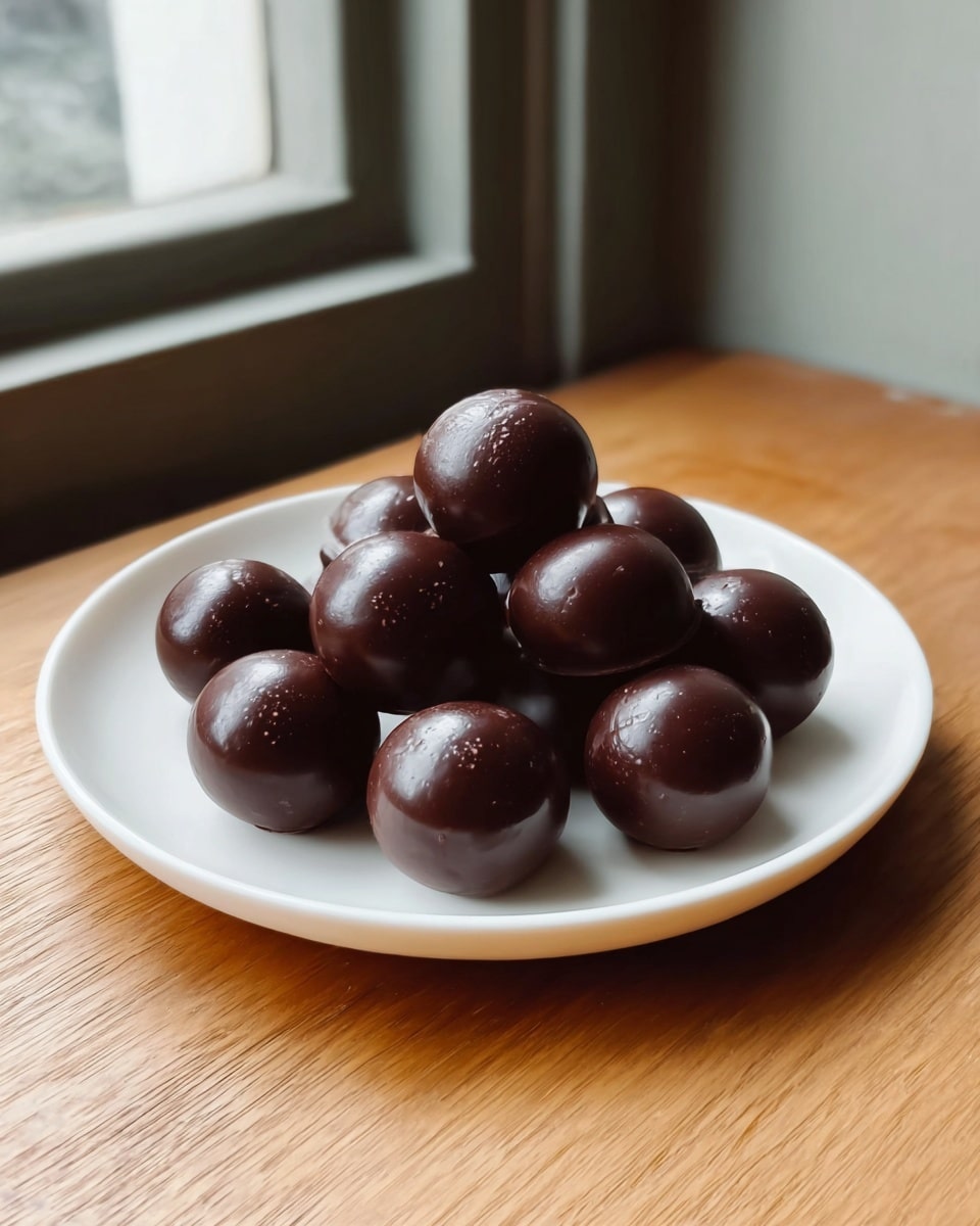 A white round plate holds ten shiny dark brown chocolate balls arranged in a neat cluster. Each ball has a smooth, glossy surface with slight natural marks. The plate is placed on a wooden table near a window with natural light softly illuminating the chocolates, emphasizing their round shape and deep dark color. The background shows part of the window frame and a muted wall. photo taken with an iphone --ar 4:5 --v 7