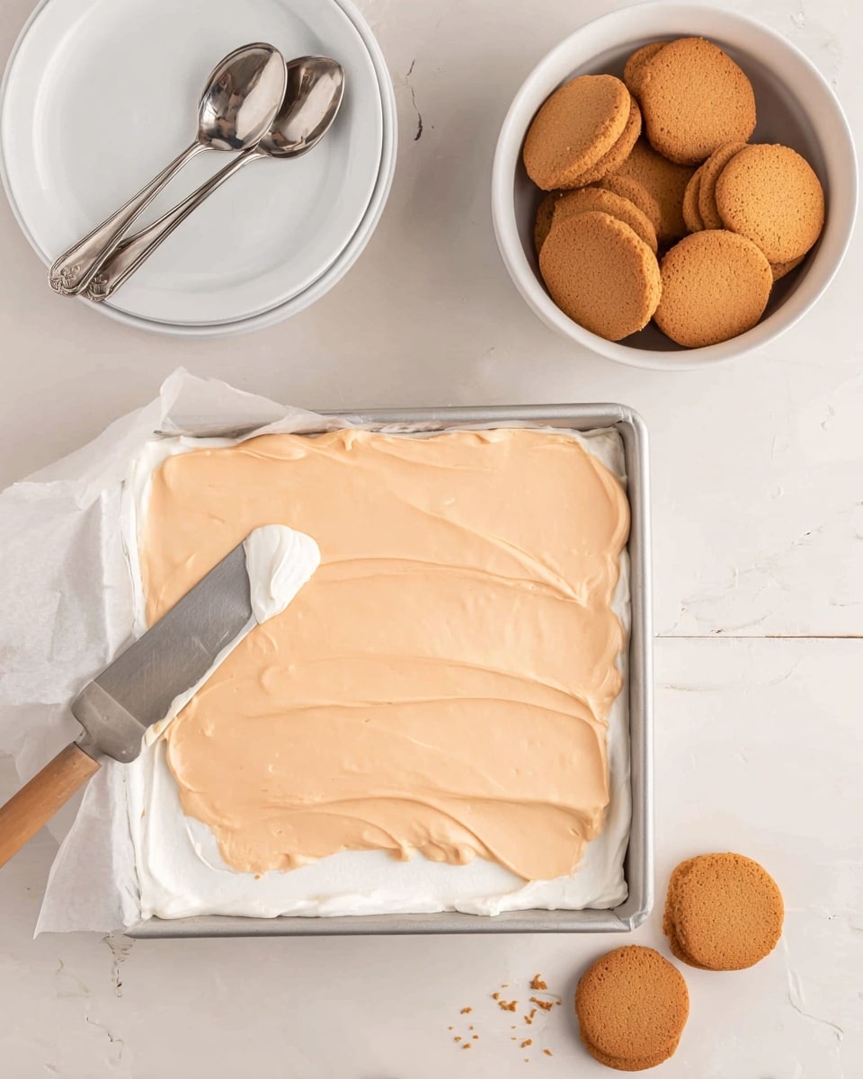 The image shows a white square baking pan lined with parchment paper, containing a thick white layer at the bottom and a woman’s hand using a spatula to spread an even, smooth light orange cream layer on top. To the left, there are three white plates stacked with three silver spoons resting on them. On the right side, a white bowl is filled with several round, golden brown cookies, with a few cookies scattered on the white marbled surface nearby. The overall scene is clean and bright with soft natural lighting. photo taken with an iphone --ar 4:5 --v 7