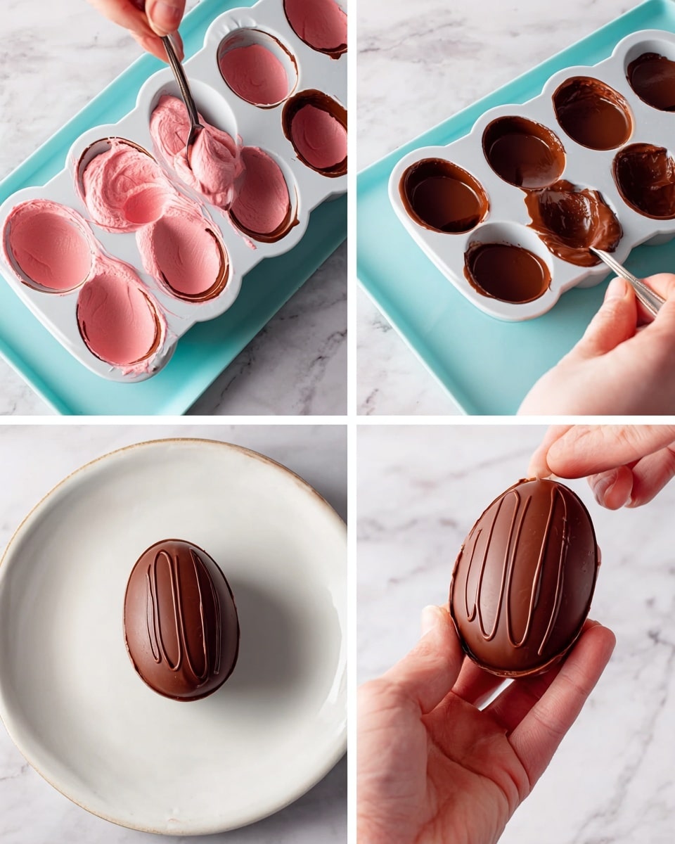 The image shows the process of making a chocolate egg with a pink filling. In the first part, a woman's hand holds a spoon spreading thick, light pink cream inside a white silicone mold with six oval shapes, which have a dark brown chocolate layer on the bottom. In the second part, the woman's hand with a spoon pours a smooth dark brown chocolate layer over the pink cream inside the mold, filling some oval shapes and covering the layers. In the last part, the woman’s hands hold a finished smooth dark brown chocolate egg with a wavy line design on top, above a clean white plate on a white marbled surface, with the light blue silicone mold visible below. Photo taken with an iphone --ar 4:5 --v 7