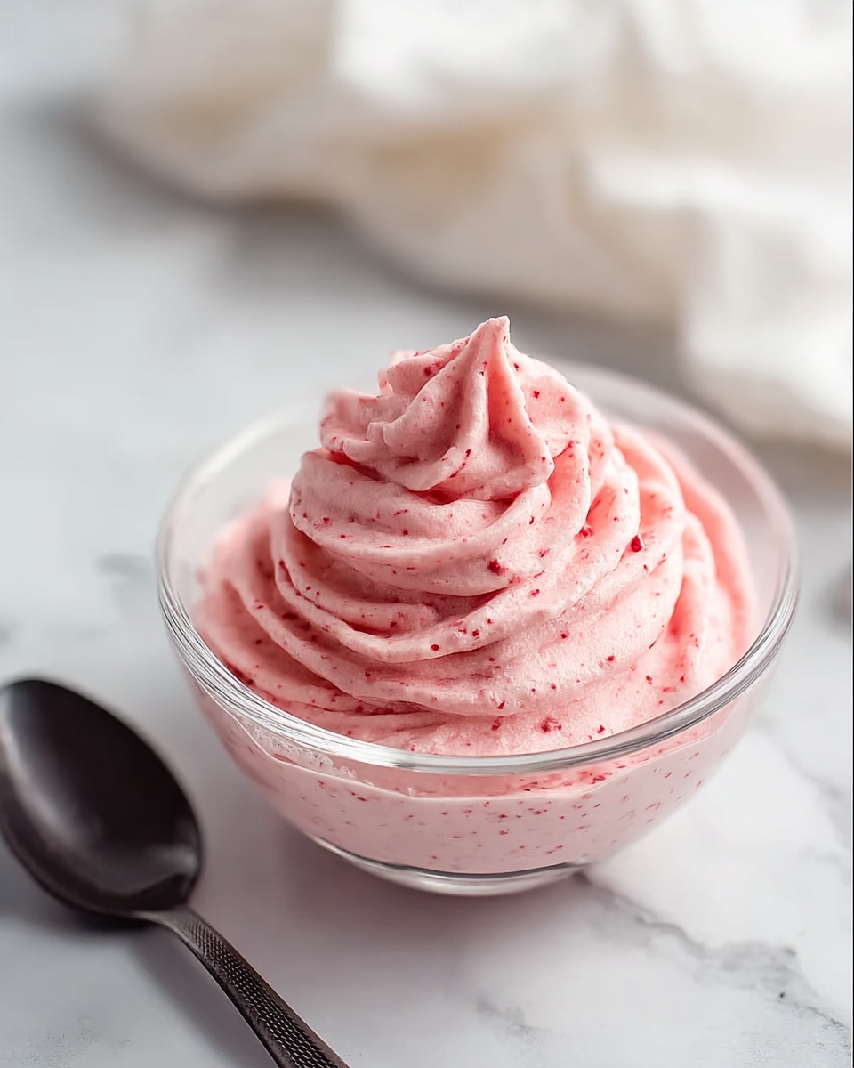 Easy Dairy-Free Strawberry Mousse (Gluten-Free) Recipe 5 A clear glass bowl filled with whipped creamy pink mousse that has small red specks throughout. The mousse is swirled in a soft peak pattern rising from the center, showing a smooth and light texture. The bowl sits on a white marbled surface next to a dark metal spoon on the left side. The background is softly blurred with white and cream tones. Photo taken with an iphone --ar 4:5 --v 7