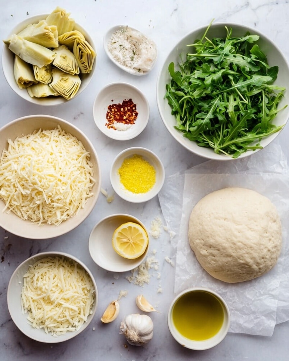 The image shows several white bowls and plates arranged on a white marbled surface. There is a large white bowl filled with shredded cheese at the bottom left, next to a similar-sized white bowl full of fresh green arugula on the right. Above the arugula is a white bowl with pale yellow artichoke pieces. To the right of the artichokes is a ball of dough on white parchment paper. Small white dishes hold yellow lemon zest, coarse salt, and red chili flakes at the top left area. There are also a few slices of lemon and a whole head of garlic on the left side of the image. On the bottom right, a small white bowl contains grated cheese, and next to it is a small bowl with golden olive oil. Photo taken with an iphone --ar 4:5 --v 7