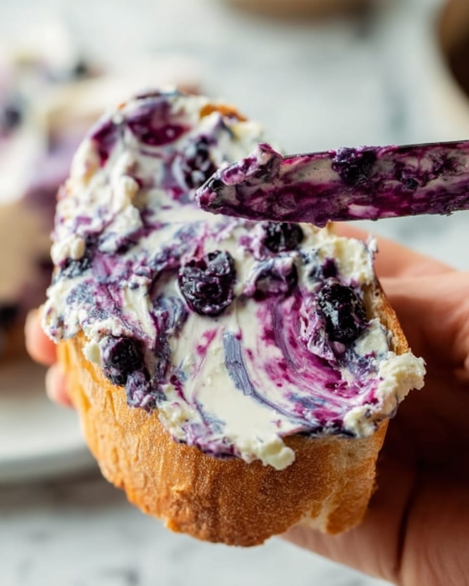 A close-up of a woman's hand holding a small piece of light golden toast topped with two layers: the bottom layer is dark purple blueberry jam with a shiny, thick texture, and the top layer is creamy white whipped cream lightly swirled into the jam. The background is softly blurred with hints of the same blueberry jam in a white bowl on a white marbled surface. photo taken with an iphone --ar 4:5 --v 7