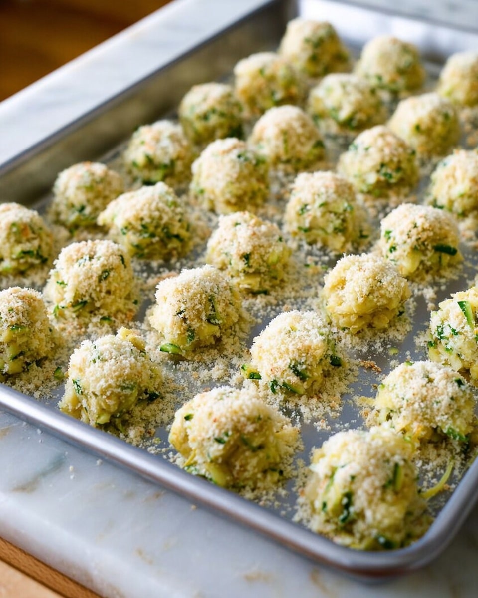 The image shows a metal baking tray filled with small, evenly spaced mounds of an uncooked mixture that looks like a combination of shredded vegetables and herbs, coated with a fine layer of breadcrumbs or cheese on top. Each mound is light yellow with visible green bits, arranged in neat rows covering the tray. The tray is set on a white marbled surface with a wooden edge partially visible. The texture of the mixture looks soft and moist, while the topping appears dry and crumbly, ready for baking. photo taken with an iphone --ar 4:5 --v 7