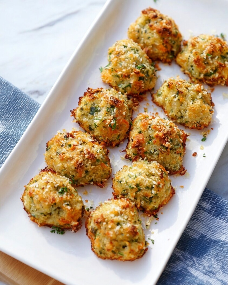 Easy and Healthy Zucchini Tots Recipe 5 A white rectangular plate holds two neat rows of small, golden-brown baked bites. Each bite is unevenly shaped, textured with visible green flecks from herbs or vegetables mixed inside, and topped with a light sprinkling of crispy breadcrumbs. The bites have a slightly crispy crust with some browned spots around the edges, revealing a soft, chunky inside with hints of orange and green. The plate rests on a white marbled surface, with a hint of a blue and white cloth peeking from the side. photo taken with an iphone --ar 4:5 --v 7