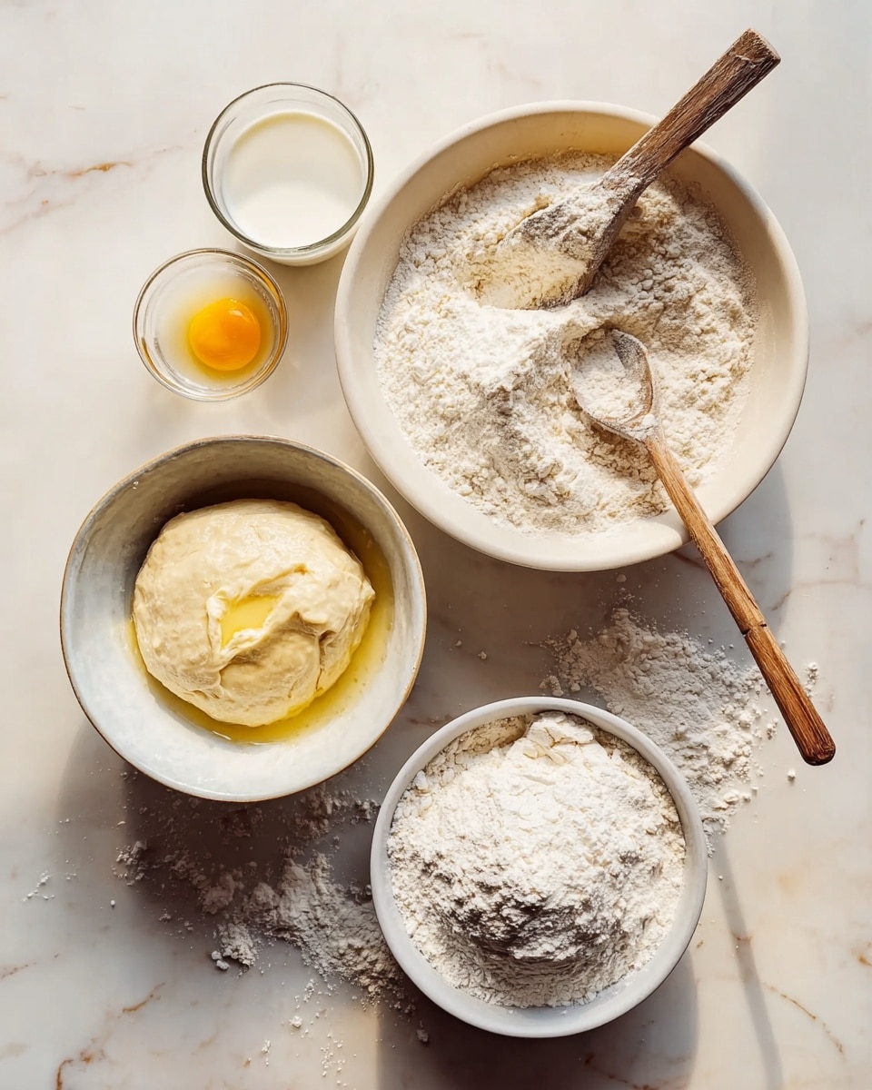 The image shows a white marbled surface with four white bowls and a small glass jug arranged in a loose circle. The largest bowl at the top right is filled with white flour, slightly mixed, with a wooden spoon resting on its side. Below it to the left is a white bowl holding smooth dough that is light yellow and slightly sticky, pooling a bit of melted butter beneath. To the right of the dough bowl is a smaller bowl filled with white flour, lightly heaped. Above the dough bowl to the left is a small glass bowl with a raw egg yolk in the center. The glass jug at the top left contains white milk, catching some soft sunlight. There is some scattered flour on the white marbled surface around the bowls. photo taken with an iphone --ar 4:5 --v 7