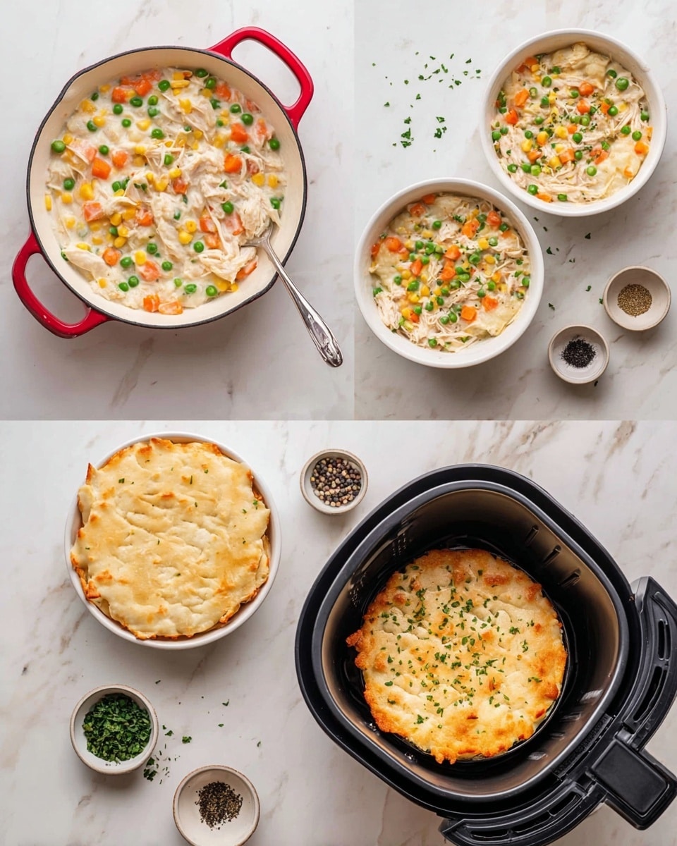 The image shows four stages of a dish in white bowls with red handles sitting on a white marbled surface. The first stage has one white skillet with a creamy mix of orange carrot cubes, green peas, corn kernels, and shredded light beige chicken, with a silver spoon inside. The second stage shows two white bowls filled with the same creamy mix placed side by side. The third stage shows the bowls covered with a golden dough layer, smooth and sealed at the edges, with small vent cuts in the center. The fourth stage shows one bowl with a golden-brown baked crust sprinkled with green herbs, sitting inside a black air fryer basket; around it are small bowls with green herbs and black peppercorns on the white marbled surface. photo taken with an iphone --ar 4:5 --v 7