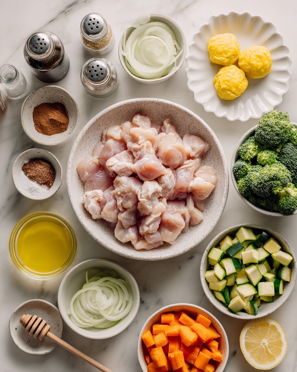A white speckled bowl in the center is filled with raw chicken pieces in light pink color, surrounded by smaller white bowls with different ingredients arranged neatly on a white marbled surface. To the top right, a small scalloped white plate holds two round yellow scoops of ghee. To the right of the chicken, a white bowl contains fresh green broccoli florets, and below it, another white bowl holds thick orange carrot pieces. Below the carrots, a white bowl is filled with diced green zucchini with white flesh. To the left of the zucchini, a small glass bowl contains bright yellow avocado oil, and to the left of that is a small white bowl with fine brown coconut sugar. Above the sugar, a white bowl has thinly sliced white onion rings. Near the top border, there are clear glass shakers and a dark brown bottle with coconut aminos. A small wooden honey dipper rests in a white bowl filled with golden honey to the left. A small white bowl holds creamy off-white mayo near the bottom right, next to a lemon half with bright yellow flesh. The whole setup is tidy and bright, with soft natural light highlighting the colors and textures. photo taken with an iphone --ar 4:5 --v 7