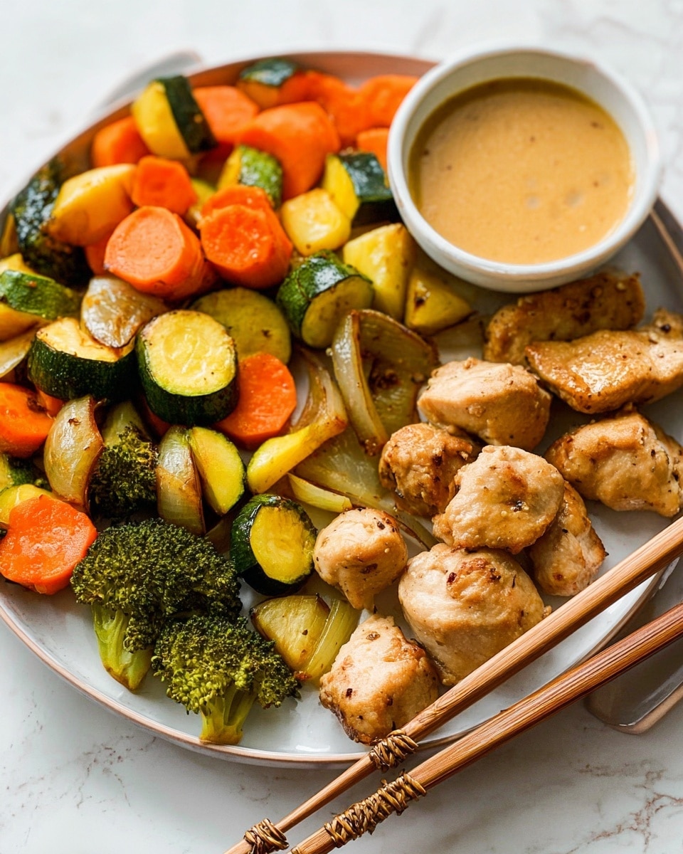A white plate with three main parts: a pile of golden brown tofu cubes on the right side, a small white bowl filled with light brown dipping sauce in the center, and a mix of cooked green broccoli, orange carrot slices, and green zucchini pieces on the left side. A woman's hand is holding wooden chopsticks, dipping one tofu cube into the sauce. The plate is set on a white marbled textured surface photo taken with an iphone --ar 4:5 --v 7