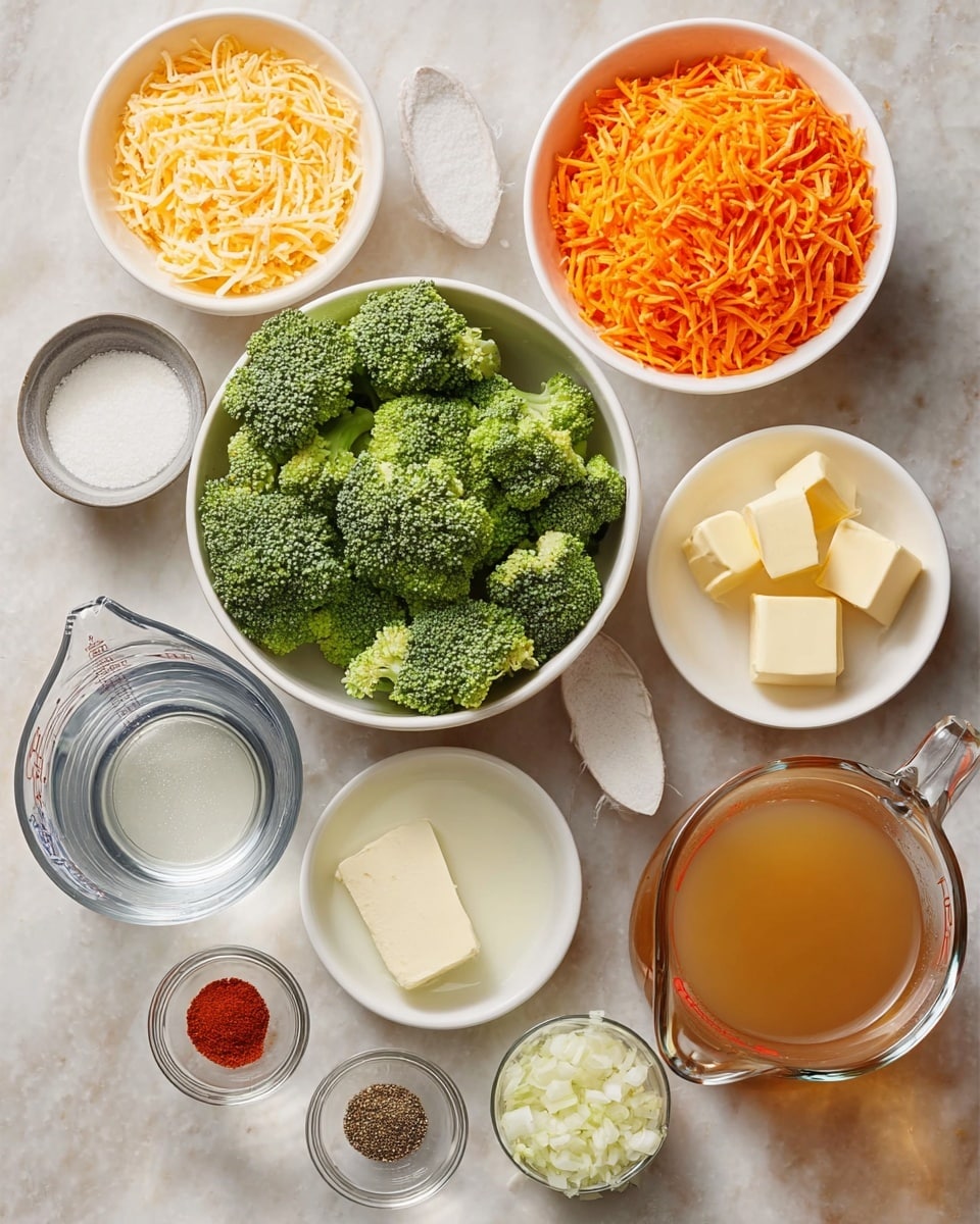 The image shows multiple white bowls and clear glass measuring cups arranged on a white marbled surface. The largest white bowl in the center is filled with fresh, green broccoli florets. To the left is a white bowl full of shredded orange cheese, and above to the right is another white bowl with grated orange carrots. A small white bowl nearby contains minced garlic. Another small white bowl has three blocks of light yellow butter. There's a small white dish holding white powdered substance, likely flour. Two clear glass measuring cups are present, one filled with a clear liquid, probably water, and the other with a creamy white milk. A large glass measuring cup contains a brown broth or stock. Lastly, a small white bowl holds finely chopped white onions, and a white plate contains three small piles of spices: red powder, black pepper, and salt. The photo is taken with an iphone --ar 4:5 --v 7