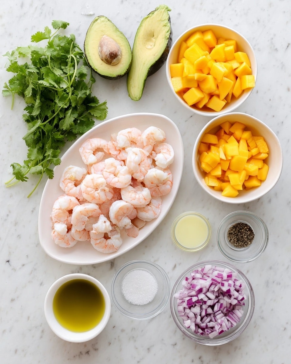 On a white marbled surface, there is a white oval plate filled with pink and white cooked shrimp at the center. To the upper right, a white bowl holds bright yellow diced mango pieces. Next to it is another white bowl with orange diced mango pieces. Above the shrimp plate, two avocado halves show their green flesh and brown seed. To the right of the shrimp, a small white bowl contains pale yellow liquid, and beside it are two small clear dishes: one with black pepper and one with white salt. Below the shrimp, a white bowl holds olive oil with a yellow-green tint, and next to it is a white bowl filled with chopped purple and white onions. On the upper left, there is a fresh bunch of green cilantro leaves. Photo taken with an iphone --ar 4:5 --v 7