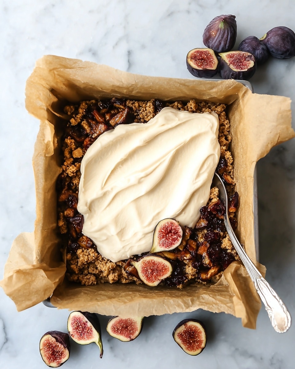 The image shows a square baking pan lined with brown parchment paper on a white marbled surface. Inside the pan, there is a base layer of crumbly light brown crust, topped with a chunky dark brown and golden mixture of cooked fruit pieces. On top of the fruit layer, there is a generous spread of smooth, creamy off-white topping, with a silver spoon partly embedded in it. Around the pan, fresh purple figs cut in half reveal their bright pink and white seeded interiors. Photo taken with an iphone --ar 4:5 --v 7
