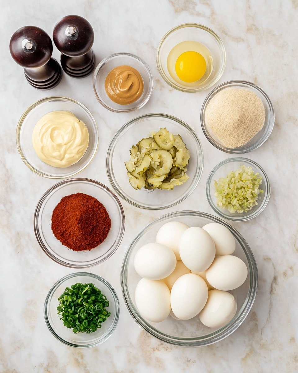 The image shows ten clear glass bowls arranged on a white marbled surface. The largest bowl at the bottom right contains eight peeled boiled eggs, all smooth and white. Surrounding it are smaller bowls with various ingredients: at bottom left, a creamy pale-yellow mayonnaise; directly above it, a bowl of light brown breadcrumbs; to the right of that, a bowl with chopped green pickles in liquid; above the pickle bowl, a bowl with a small bright yellow dollop of mustard; to the right of the mustard, a bowl containing tan creamy peanut butter; above the peanut butter, a bowl with a small amount of clear vinegar; to the left of the vinegar, a bowl with finely chopped green chives; and to the left of the chives, a bowl holding red paprika powder. There is also a pair of dark wooden salt and pepper shakers near the middle left. The whole setup is neat and bright with a clean look. photo taken with an iphone --ar 4:5 --v 7