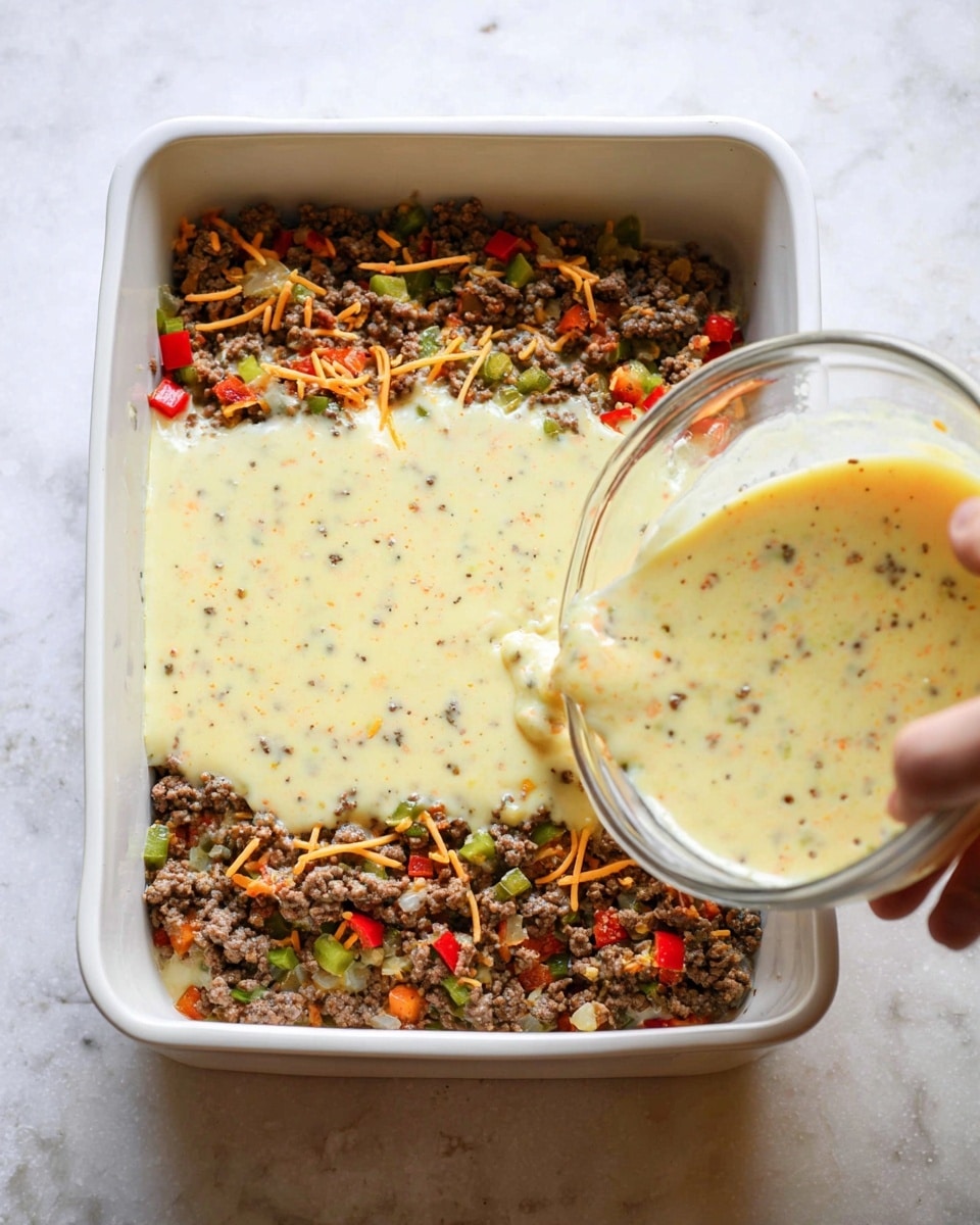 The image shows a white baking dish with two visible layers inside; the first layer is a mix of cooked ground meat and diced red and green bell peppers spread evenly at the bottom, showing a slightly browned and textured look. The second layer is a creamy yellowish sauce with small bits of orange shredded cheese and black pepper specks being poured over the meat and pepper layer from a clear glass bowl held by a woman's hand in the lower right corner. The dish sits on a white marbled surface, creating a clean and bright setting. Photo taken with an iphone --ar 4:5 --v 7